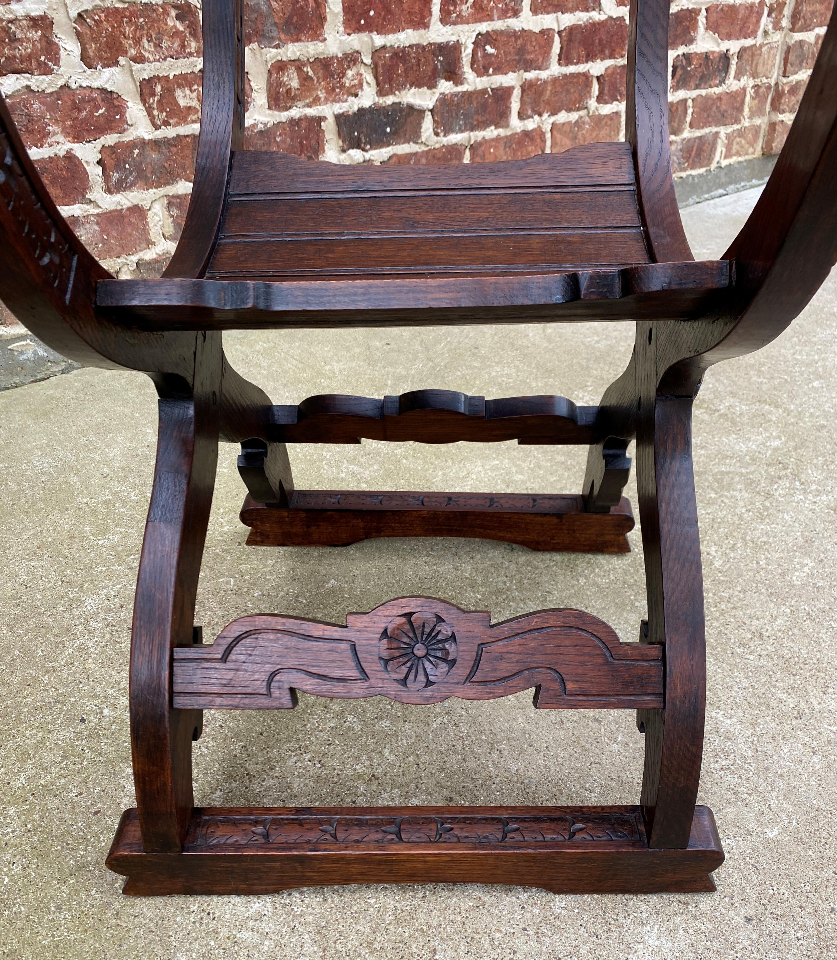 Antique Italian Savonarola Dante Chair Carved Oak Renaissance Lion Shield  For Sale 1