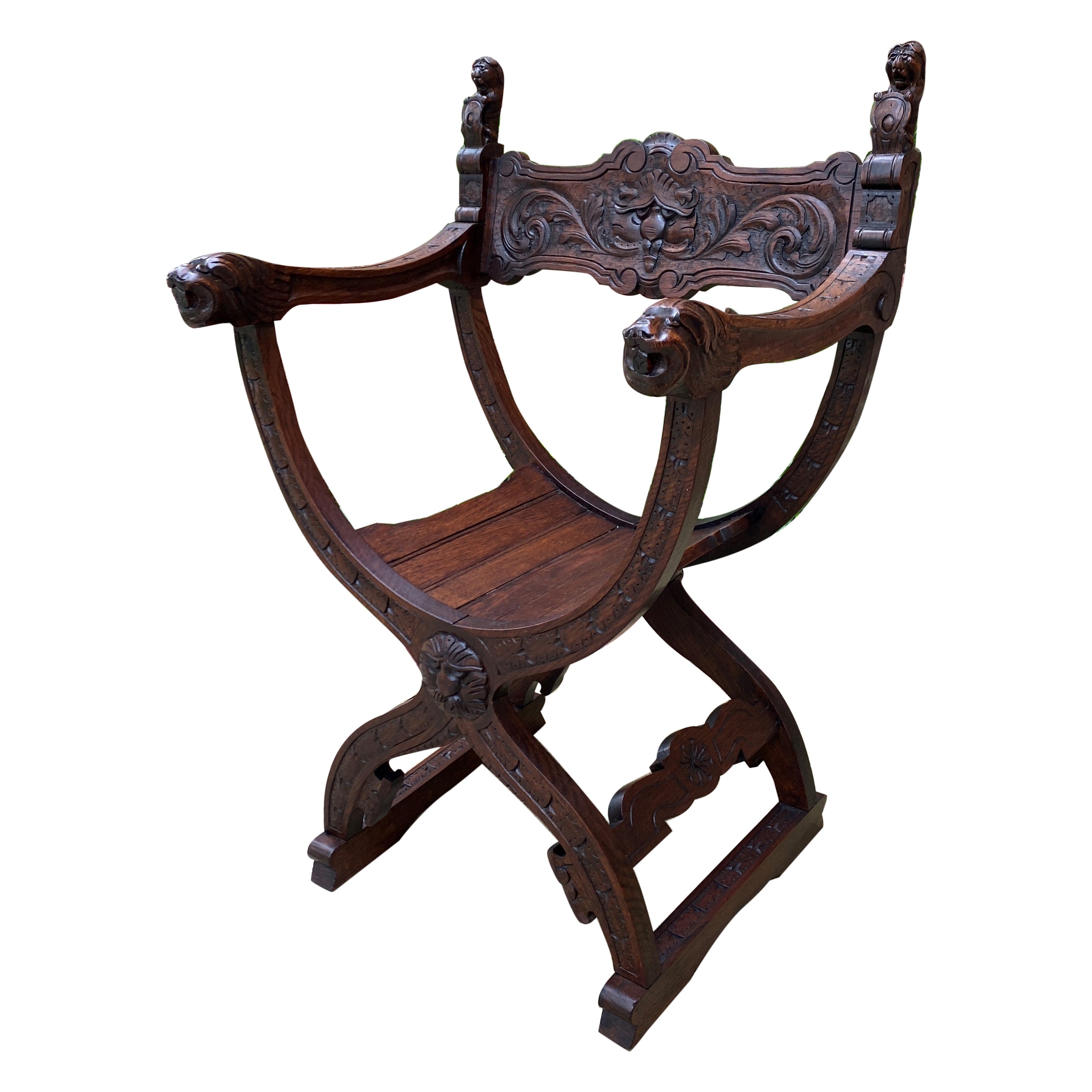 Antique Italian Savonarola Dante Chair Carved Oak Renaissance Lion Shield