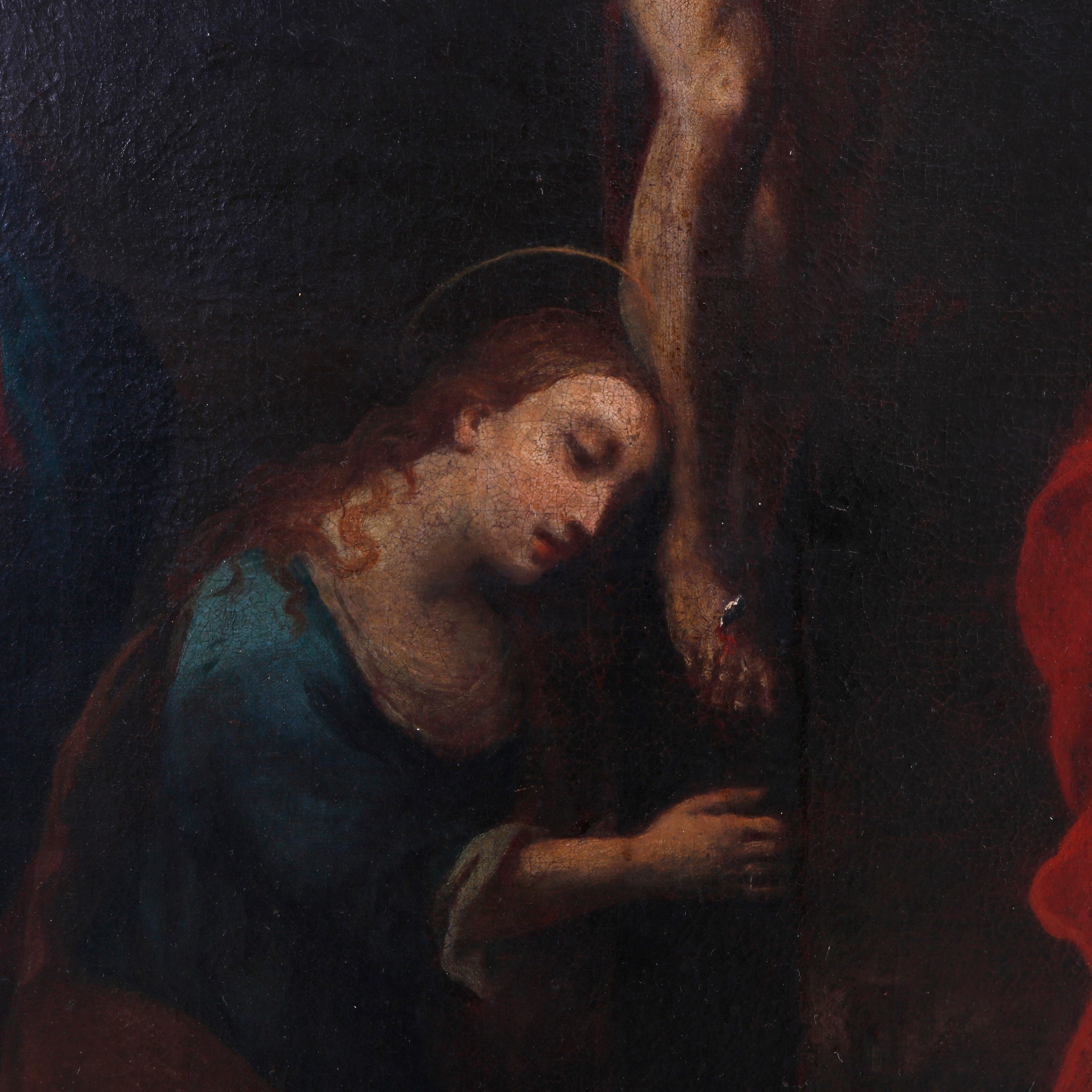 European Antique Italian School Oil on Canvas Painting, Crucifixion Of Christ, 19th C
