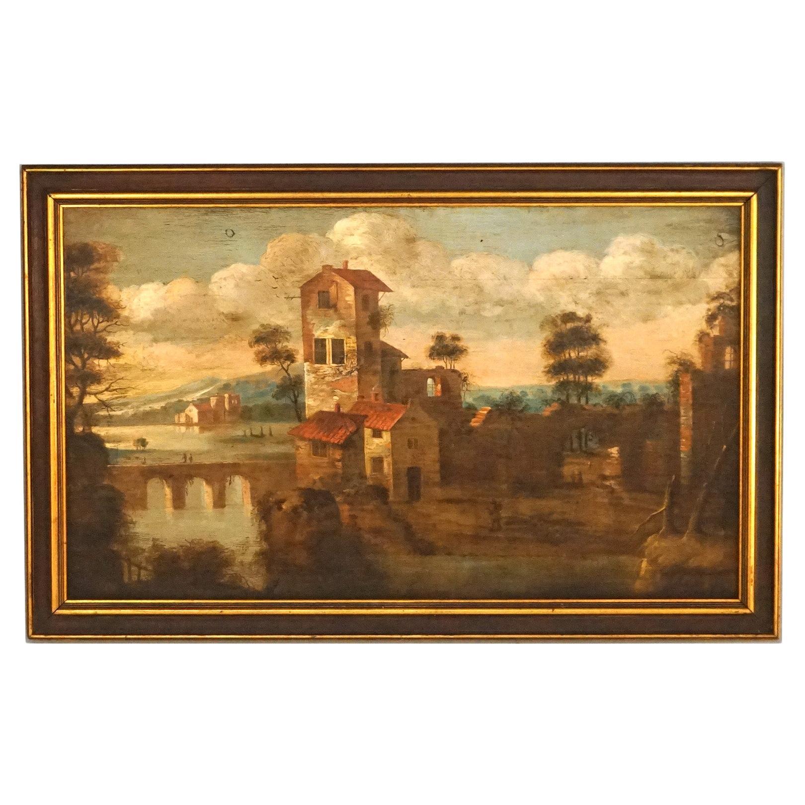 Antique Italian School Oil Painting on Board of a Riverside Villa C1920