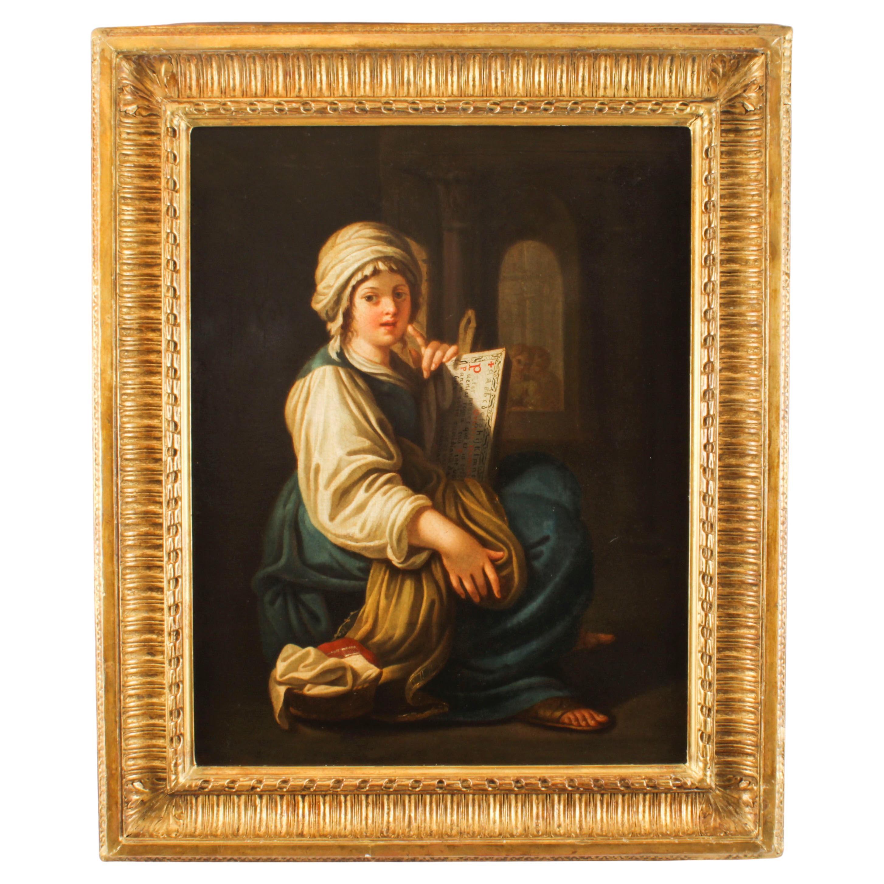 Antique Italian School Oil Painting "Young Lady Reading a Scroll" 19th C For Sale
