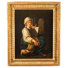 Peinture à l'huile italienne ancienne de l'école du 19ème siècle « Jeune fille lisant un rouleau »