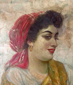Antique Italian School Oil Portrait of Peasant Girl, Signed, 19th C