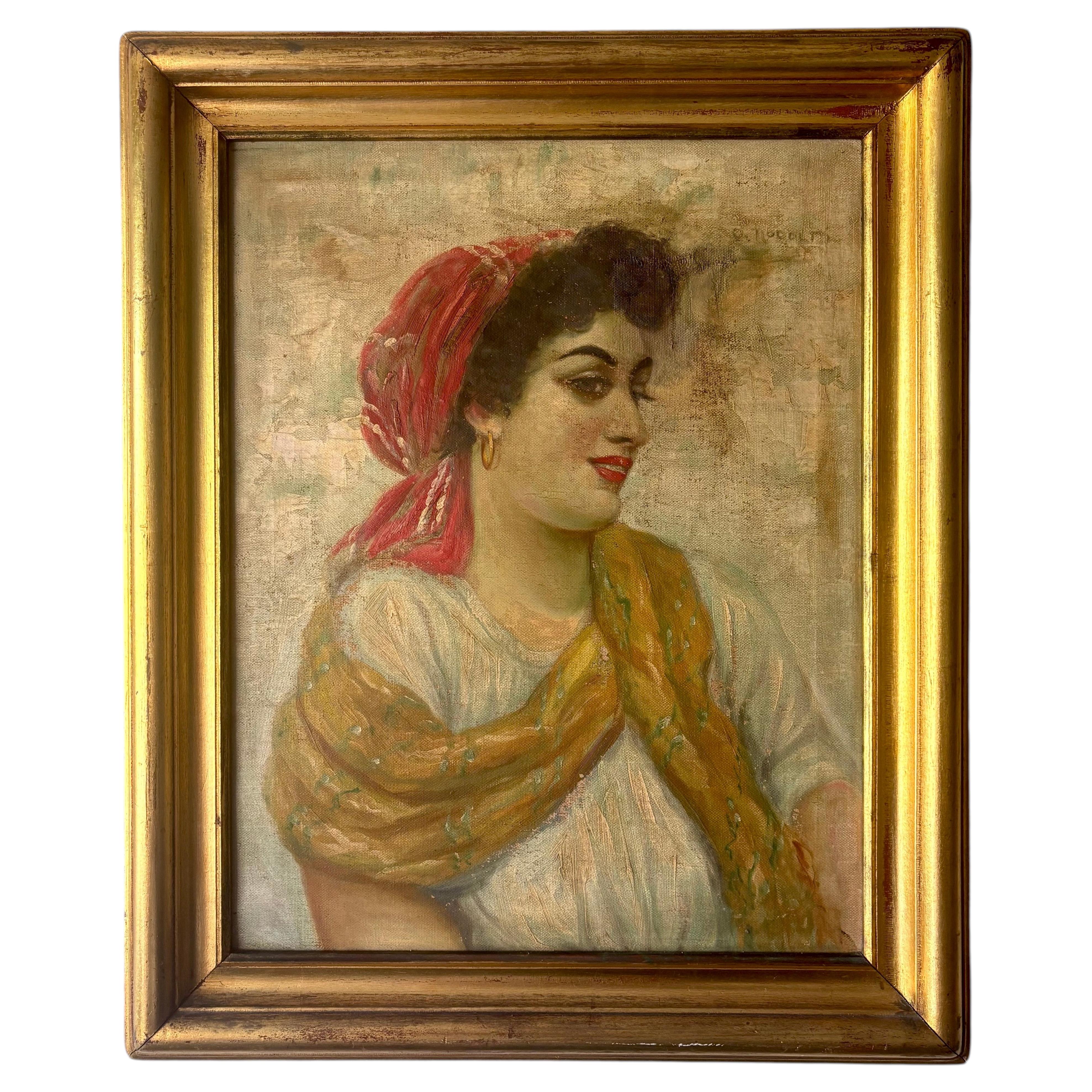 Ritratto a olio di una contadina della Scuola Italiana Antica, firmato, XIX secolo in vendita