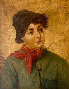 Antique Italian School Oil Portrait of Smoking Boy, Signed, 19th C