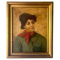 Antique Italian School Oil Portrait of Smoking Boy, Signed, 19th C