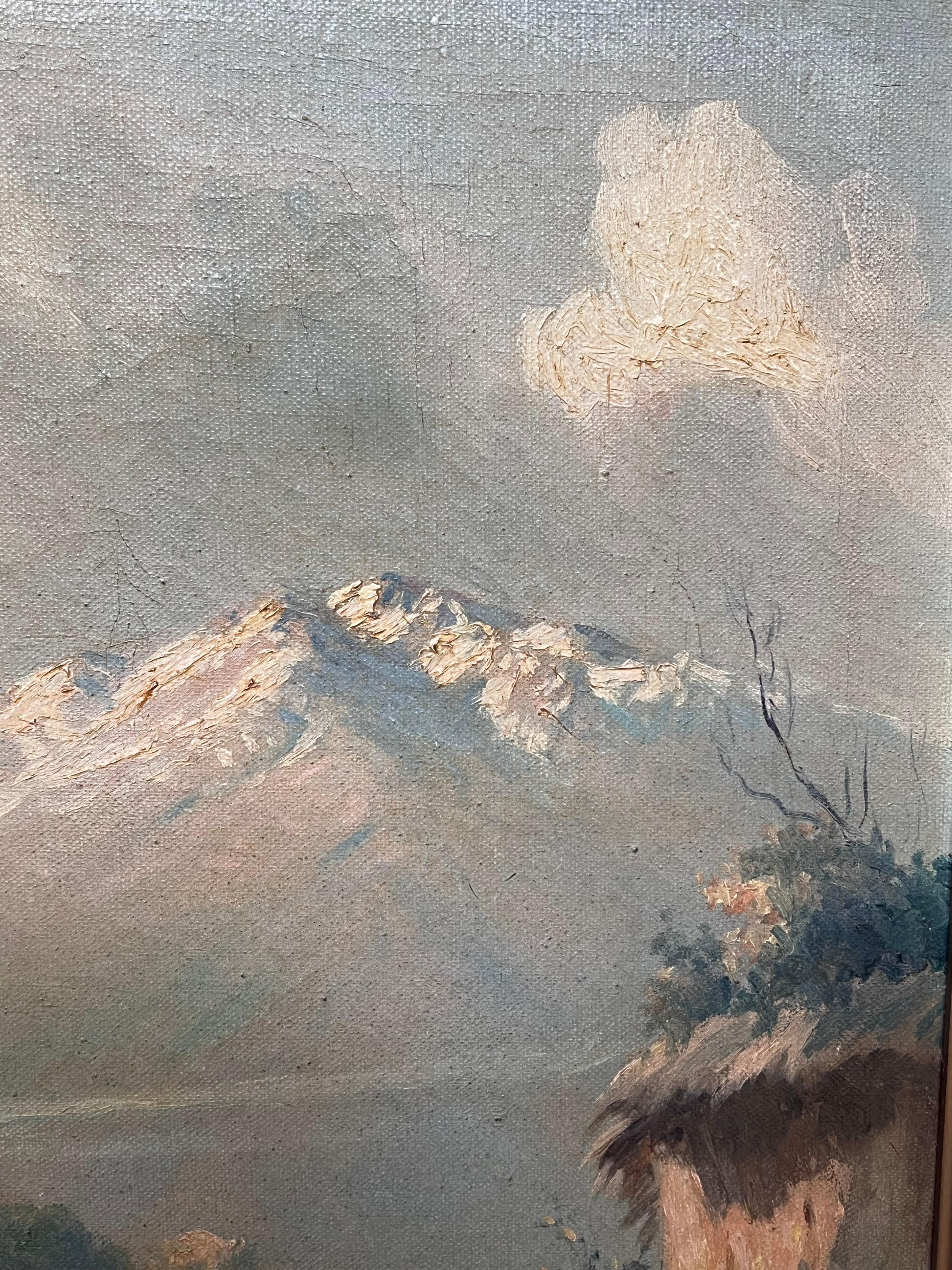Ancienne peinture à l'huile italienne de paysage de lacs, signée et encadrée Figures vue alpine - Painting de Antique Italian School