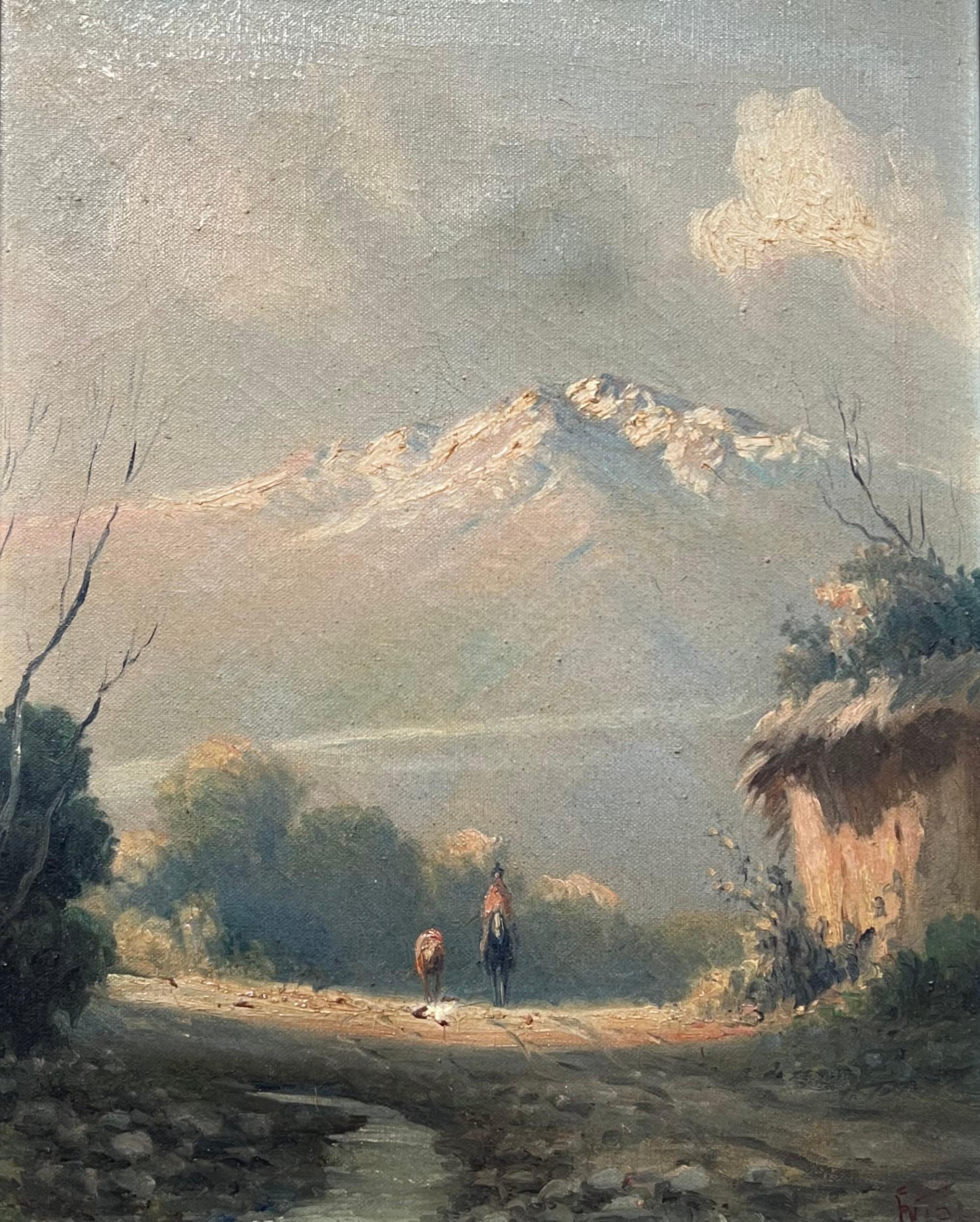 Ancienne peinture à l'huile italienne de paysage de lacs, signée et encadrée Figures vue alpine - École italienne Painting par Antique Italian School