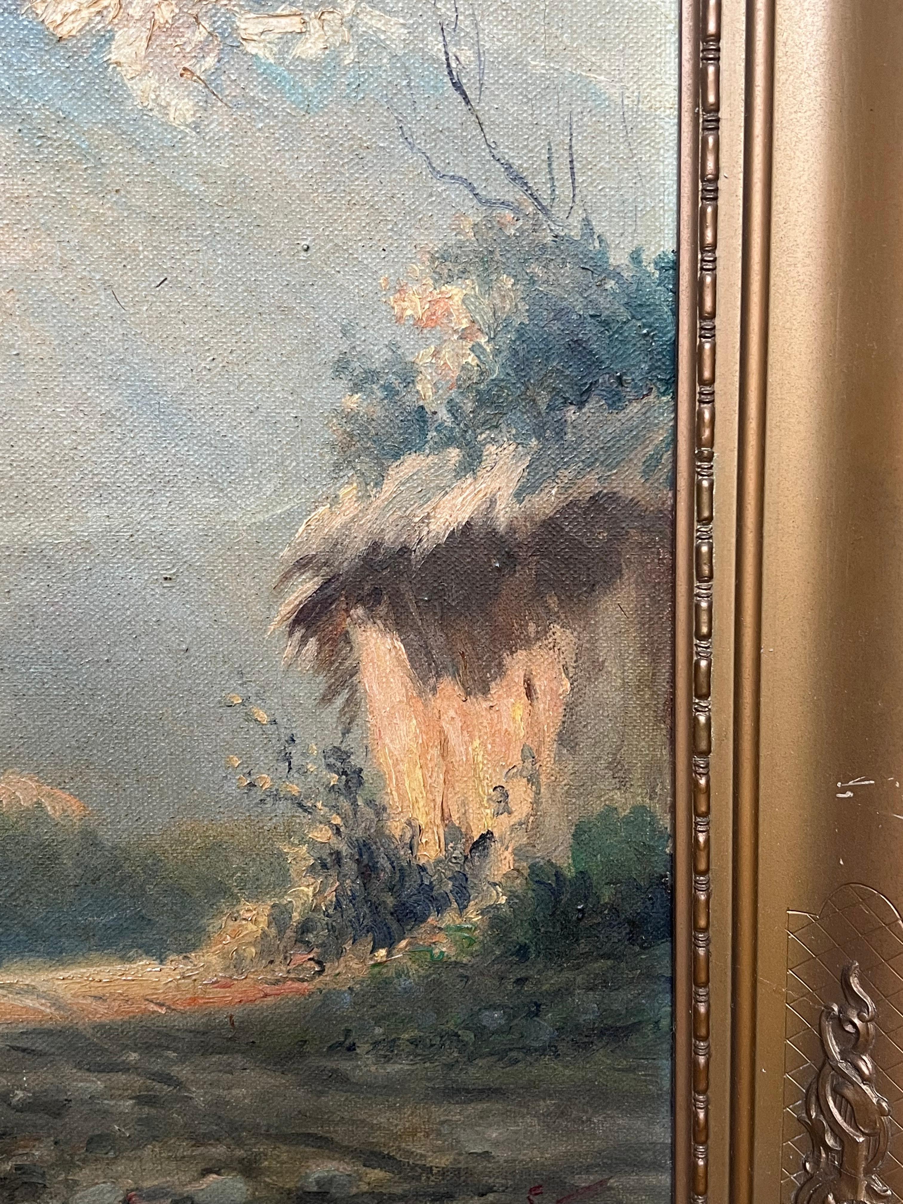 Ancienne peinture à l'huile italienne de paysage de lacs, signée et encadrée Figures vue alpine - Marron Animal Painting par Antique Italian School