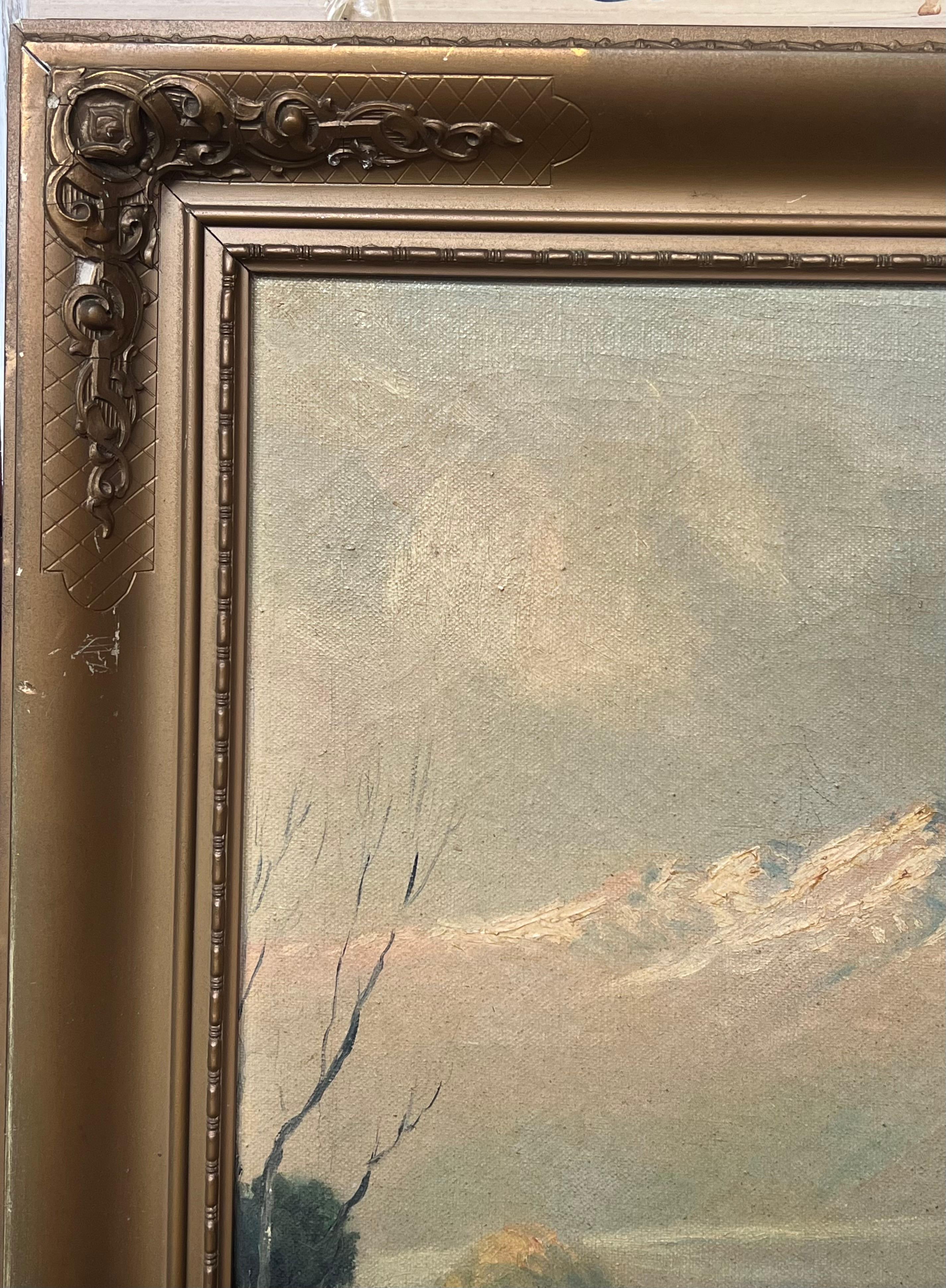 Ancienne peinture à l'huile italienne de paysage de lacs, signée et encadrée Figures vue alpine en vente 1