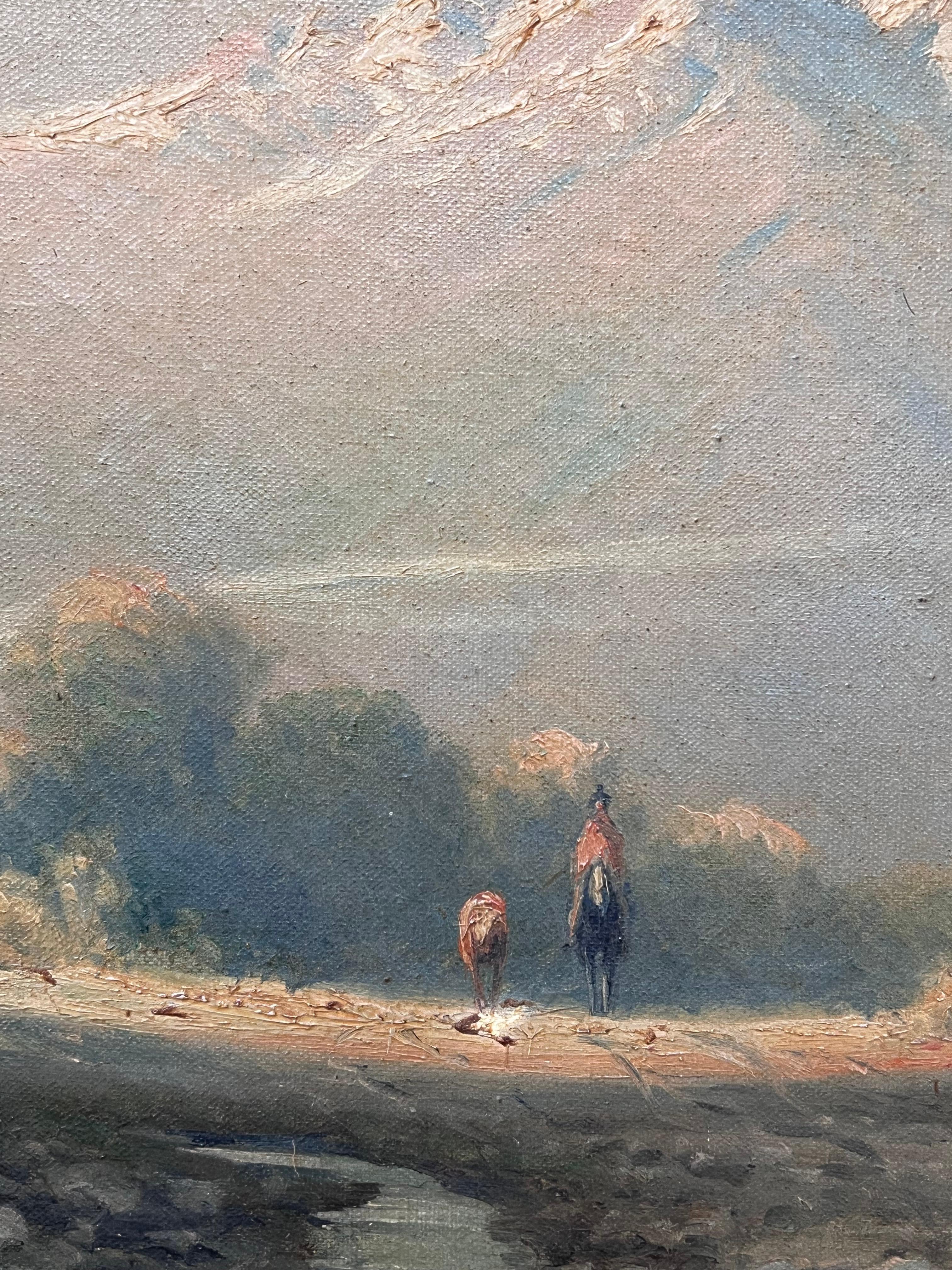 Ancienne peinture à l'huile italienne de paysage de lacs, signée et encadrée Figures vue alpine en vente 2