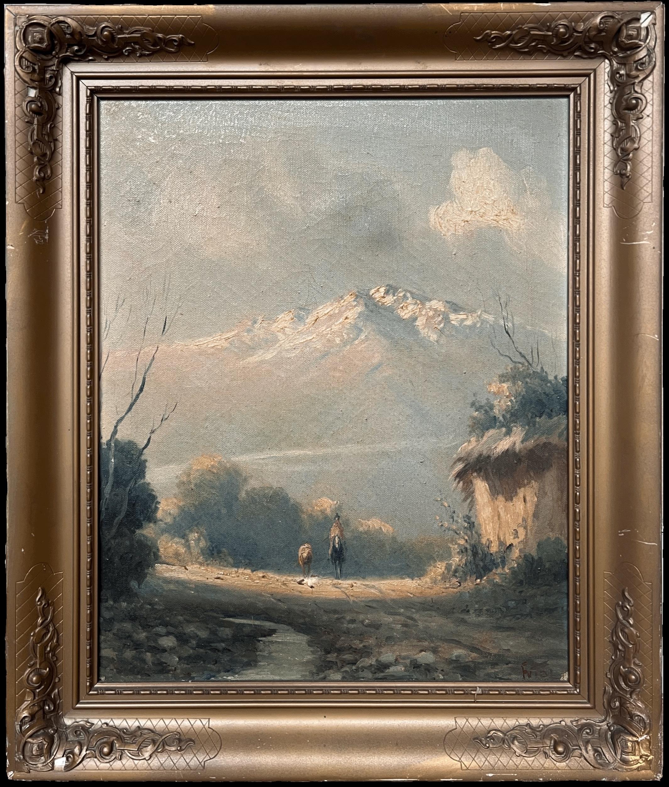 Antiguo cuadro al óleo de paisajes lacustres italianos Firmado y enmarcado Figuras Vista alpina
