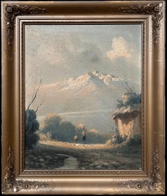 Antiguo cuadro al óleo de paisajes lacustres italianos Firmado y enmarcado Figuras Vista alpina