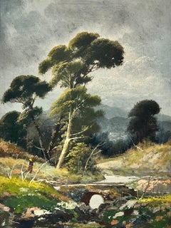 Antique Italian Oil Painting Figure Walking in Large River Landscape, framed