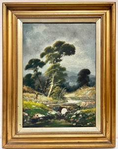 Antique Italian Oil Painting Figure Walking in Large River Landscape, framed