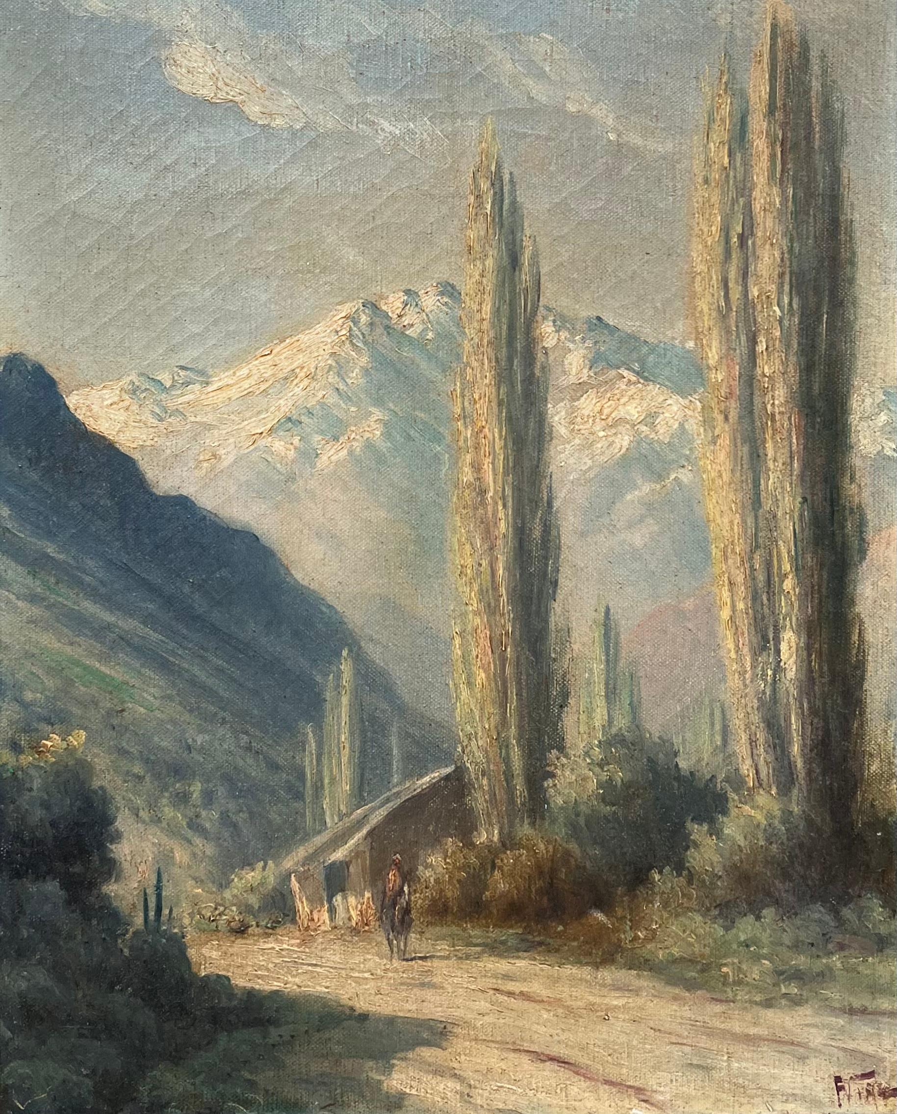 Peinture à l'huile italienne ancienne des Alpes italiennes montées sur des montagnes enneigées dans un paysage - Painting de Antique Italian School