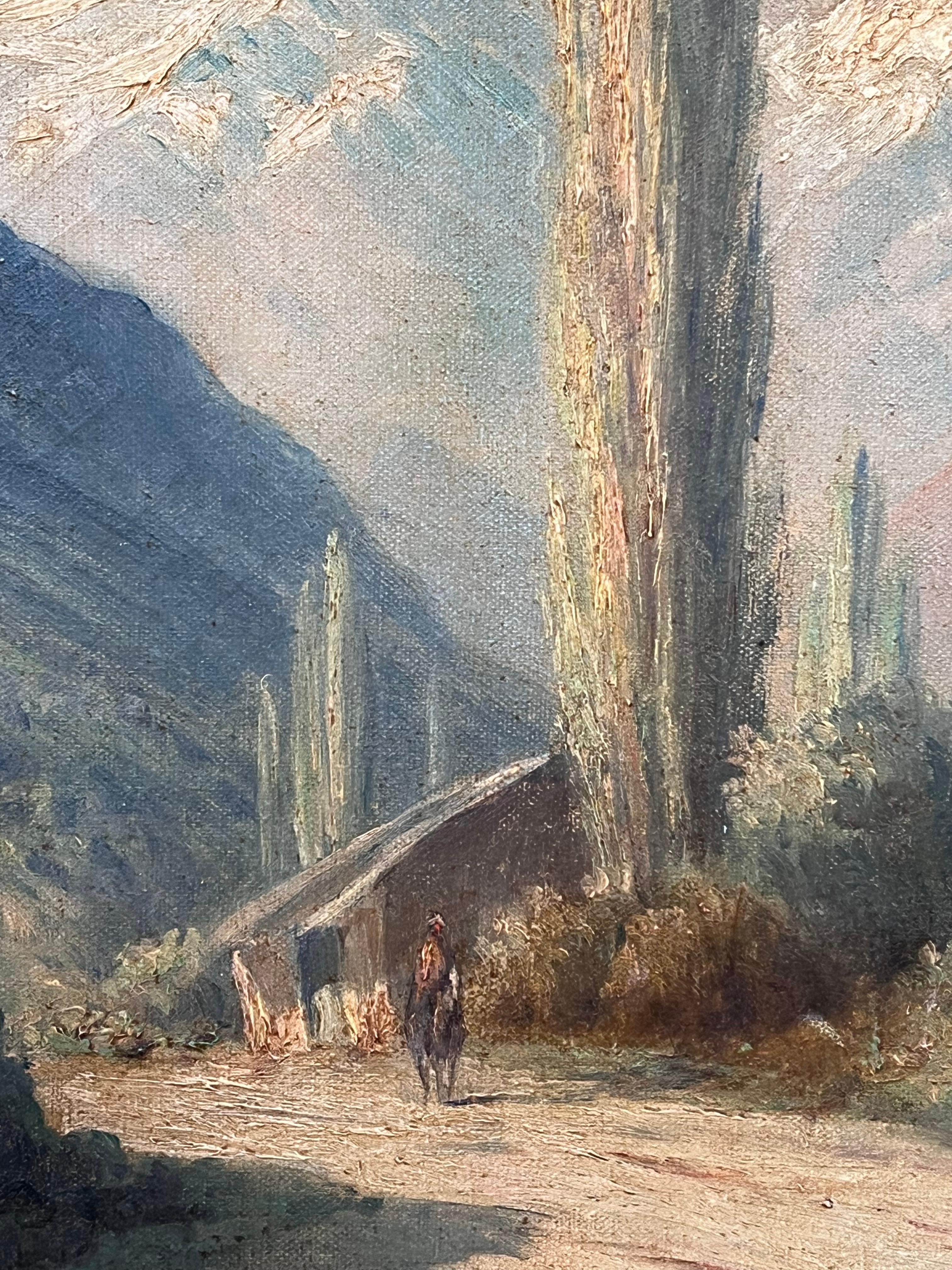 Les Alpes italiennes
École italienne, début du 20e siècle
huile sur toile signée, encadrée 
encadré : 21.5 x 18 pouces
toile : 17 x 14 pouces
Collectional : collection privée, Shropshire, Angleterre.
Condit : le cadre est en mauvais état mais sain ;