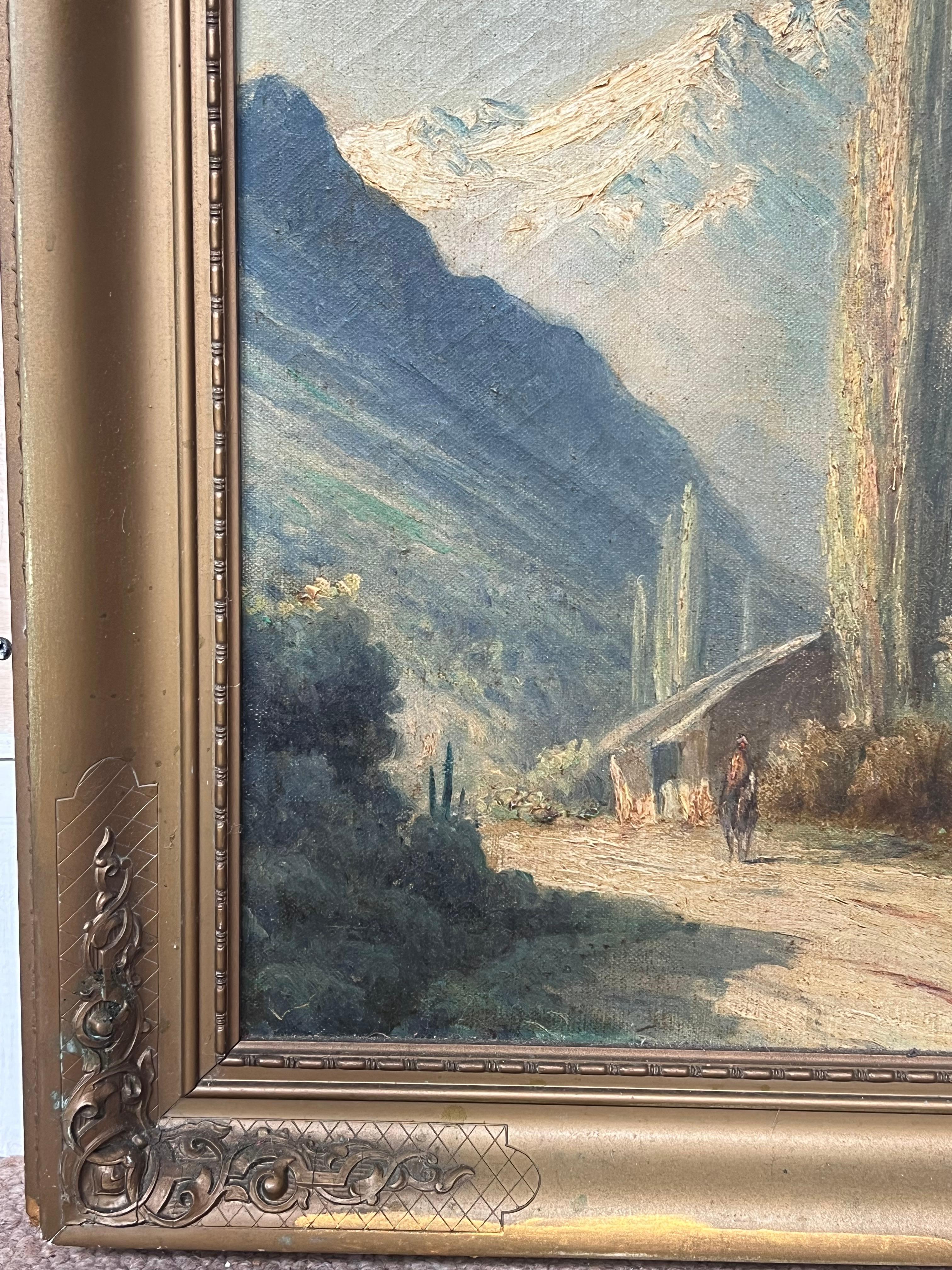 Peinture à l'huile italienne ancienne des Alpes italiennes montées sur des montagnes enneigées dans un paysage en vente 1
