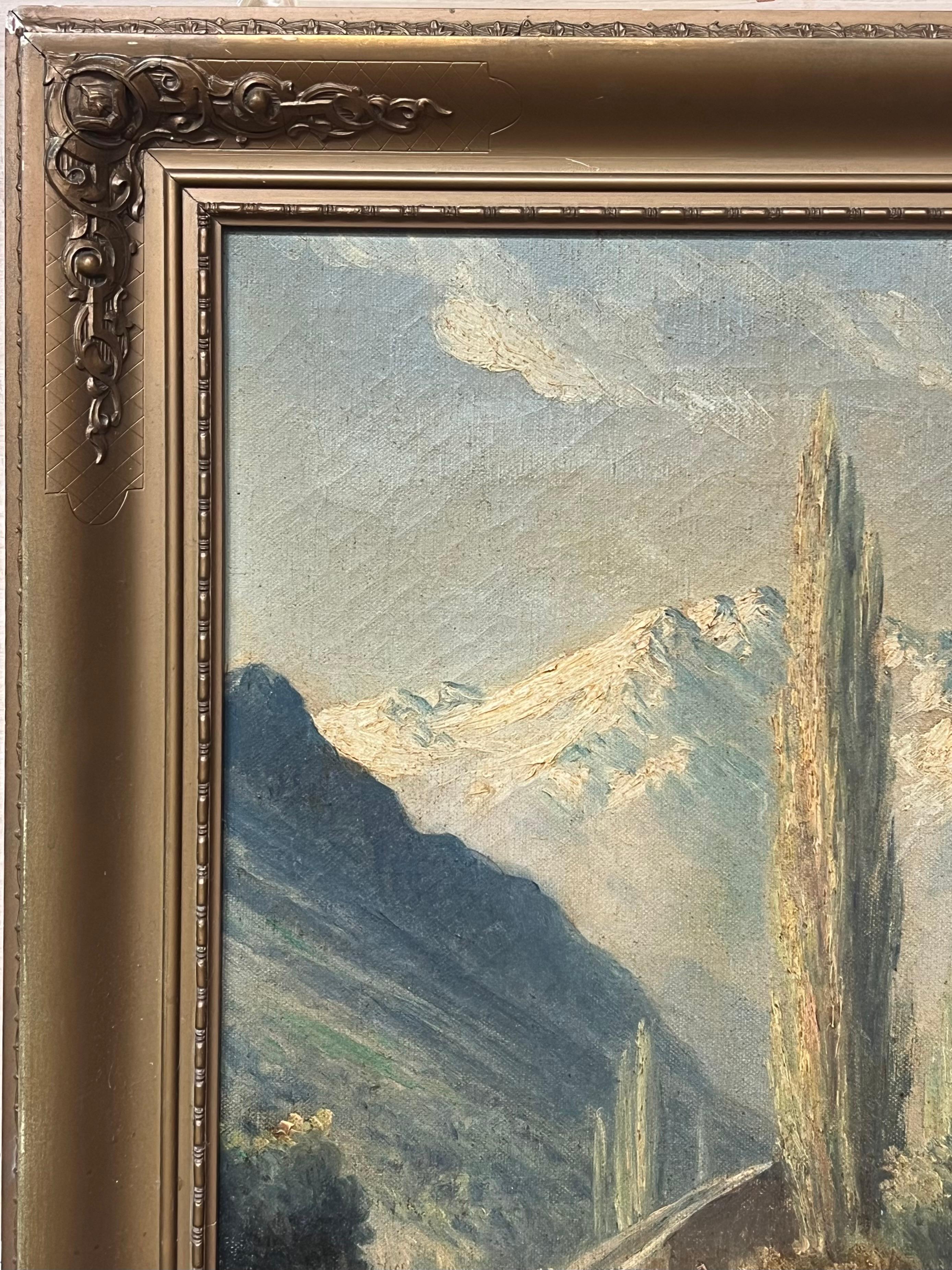 Peinture à l'huile italienne ancienne des Alpes italiennes montées sur des montagnes enneigées dans un paysage en vente 2
