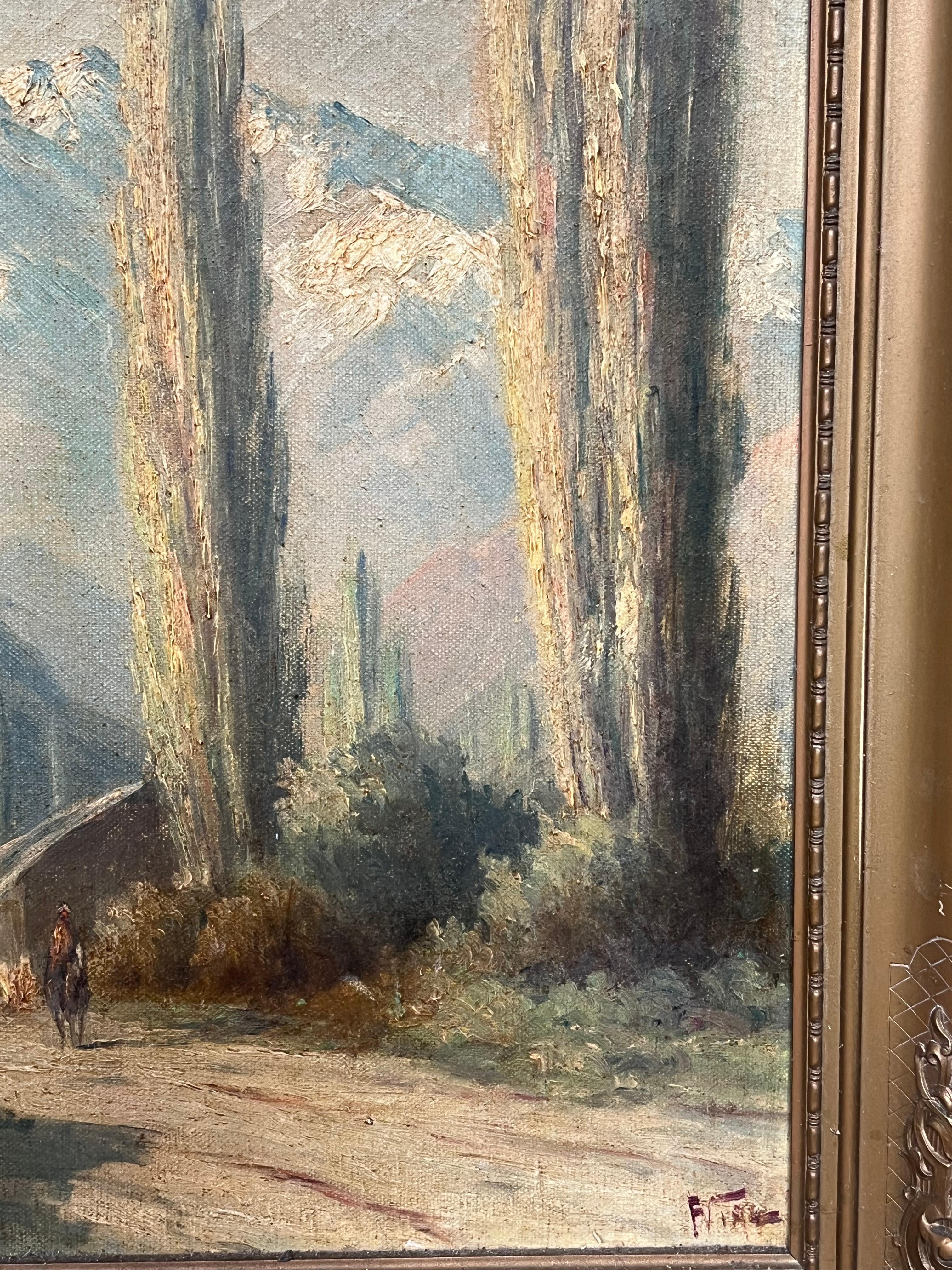 Peinture à l'huile italienne ancienne des Alpes italiennes montées sur des montagnes enneigées dans un paysage en vente 4
