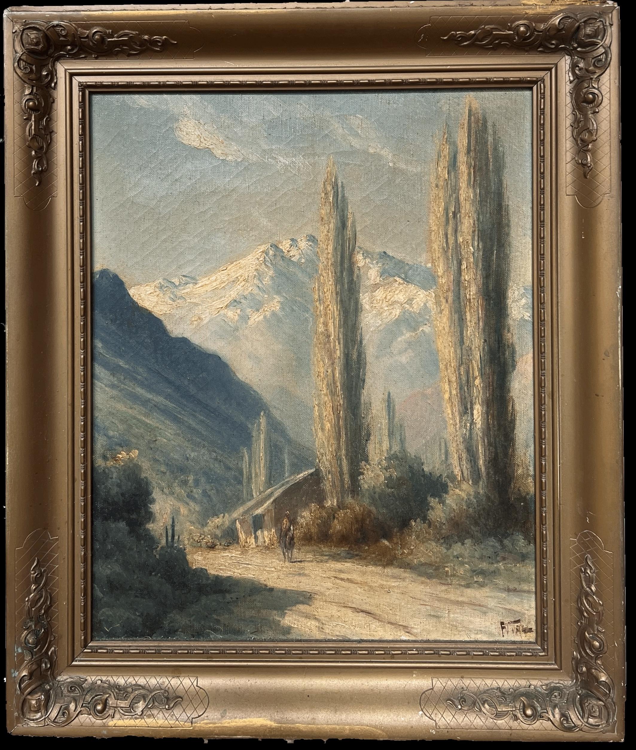 Pintura al óleo italiana antigua Los Alpes italianos Montañas nevadas en paisaje