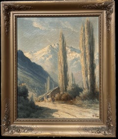 Pintura al óleo italiana antigua Los Alpes italianos Montañas nevadas en paisaje