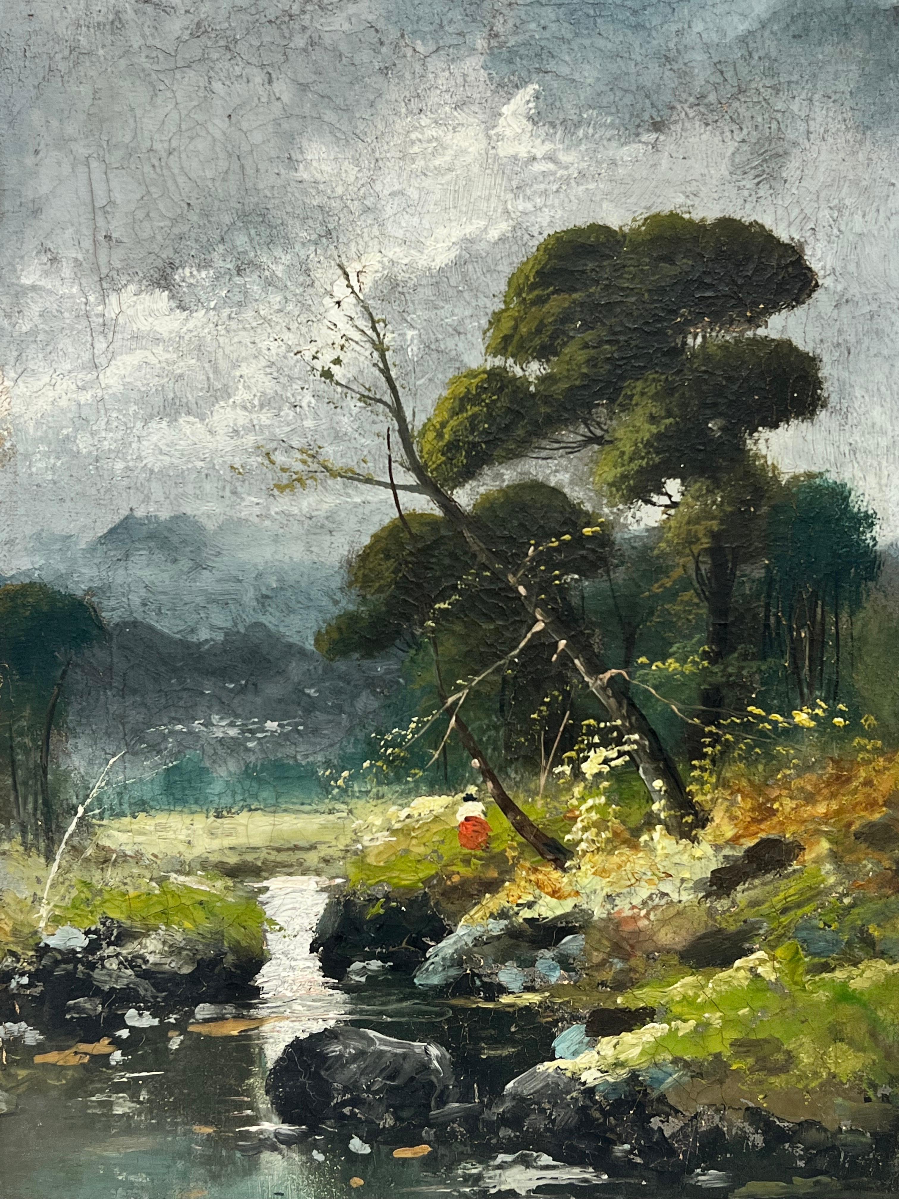 Charming Antique Italian Oil Painting Figure Walking in Woodland Landscape 1