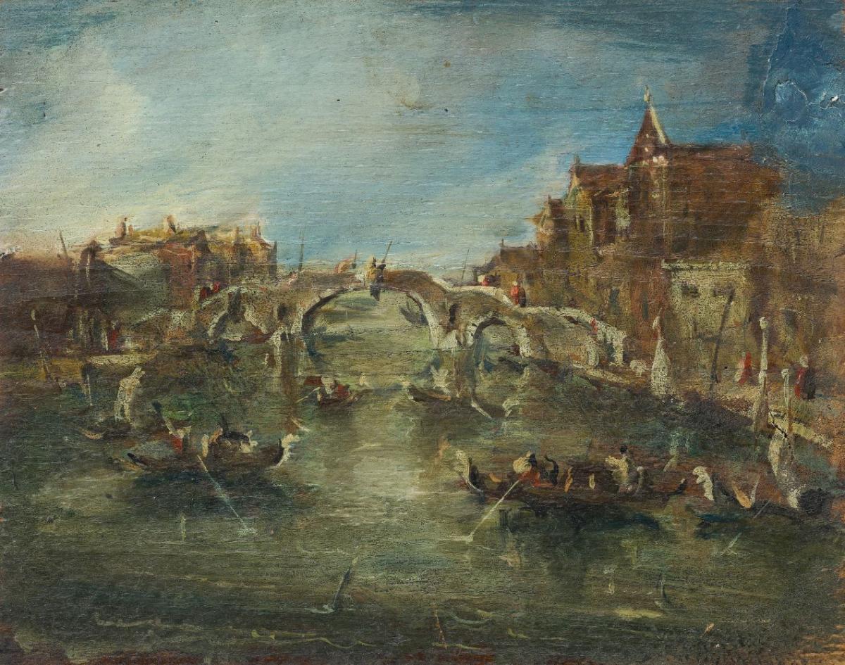 Fine Antique Italian Oil Cannaregio Canal Venice Busy Figurative Scene