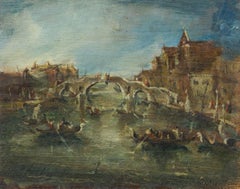 Fine Antique Italian Oil Cannaregio Canal Venice Busy Figurative Scene