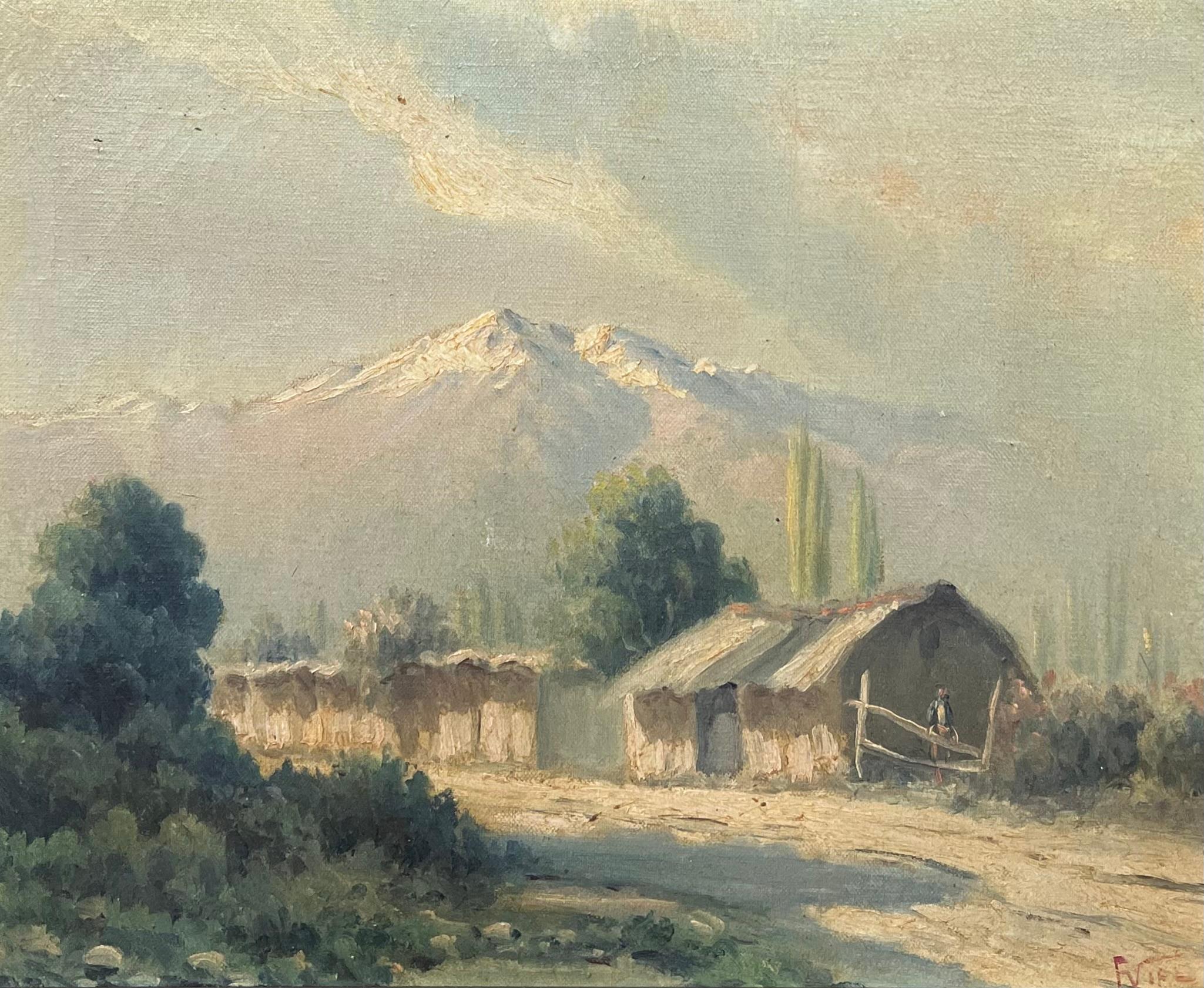 Italian Alps Mountain Landscape with Chalets Signed Antique Oil Painting - Brown Landscape Painting by Antique Italian School
