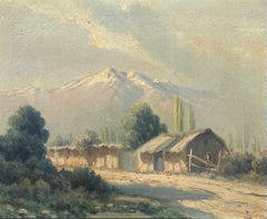 Italian Alps Mountain Landscape with Chalets Signed Antique Oil Painting