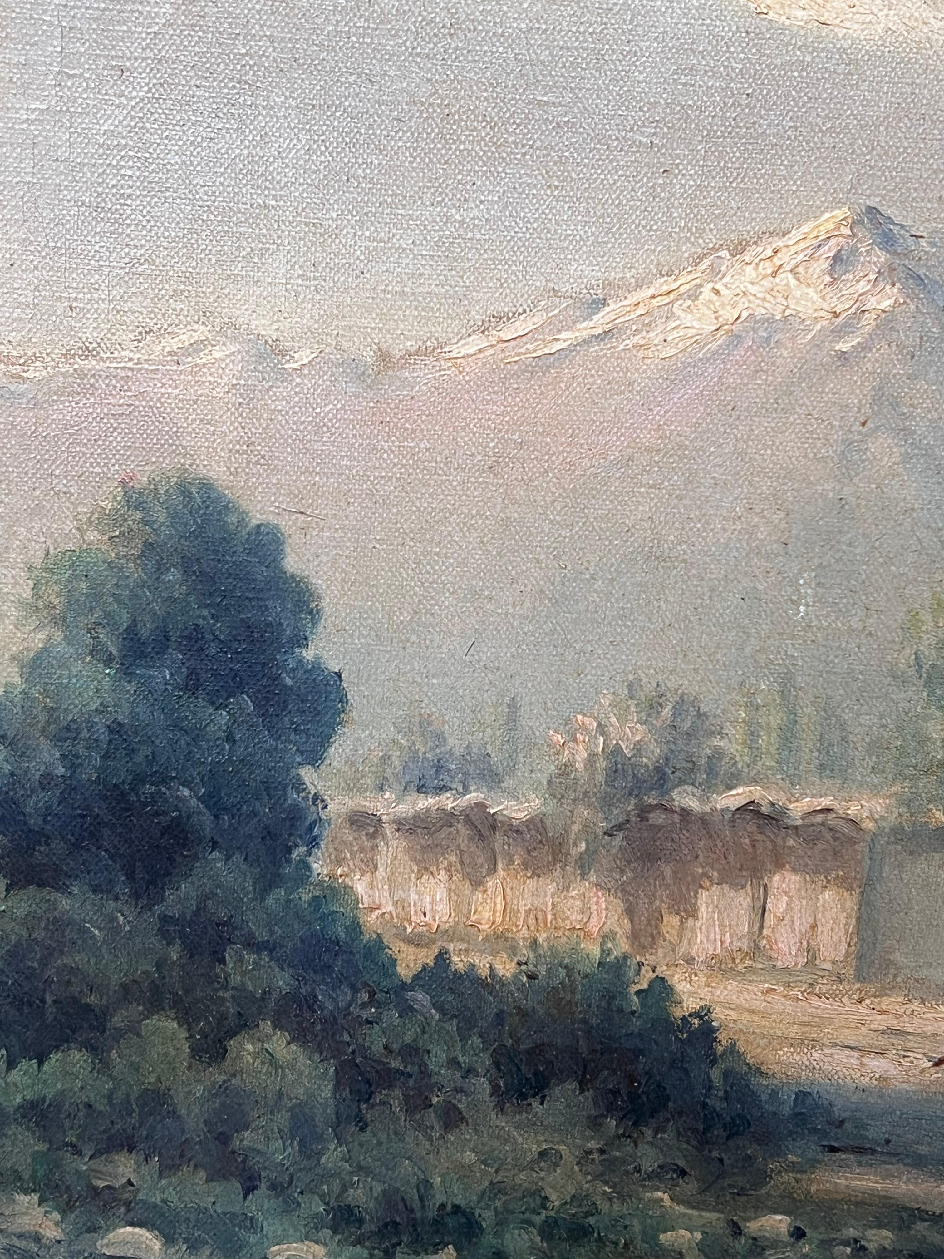 Italian Alps Mountain Landscape with Chalets Signed Antique Oil Painting For Sale 1