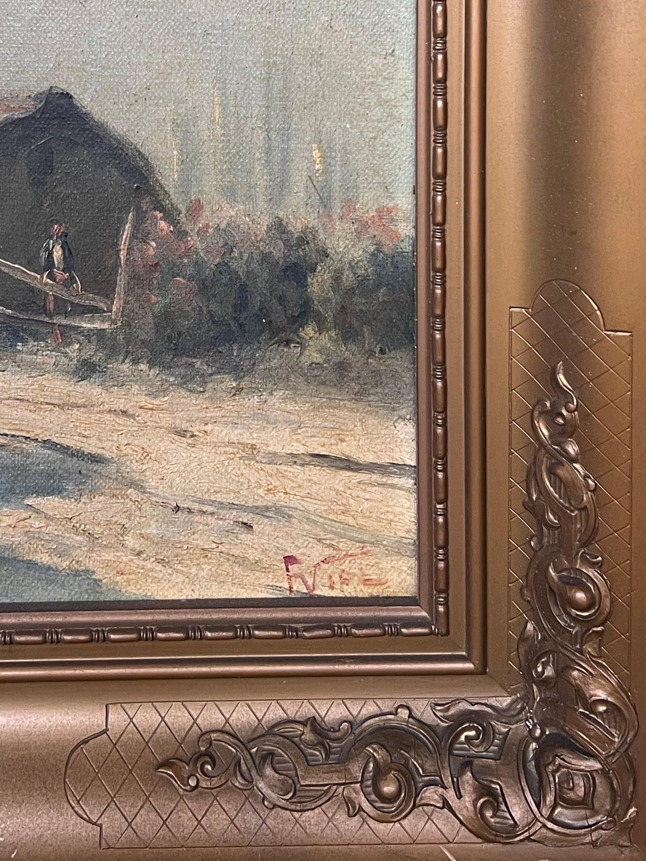 Italian Alps Mountain Landscape with Chalets Signed Antique Oil Painting For Sale 2