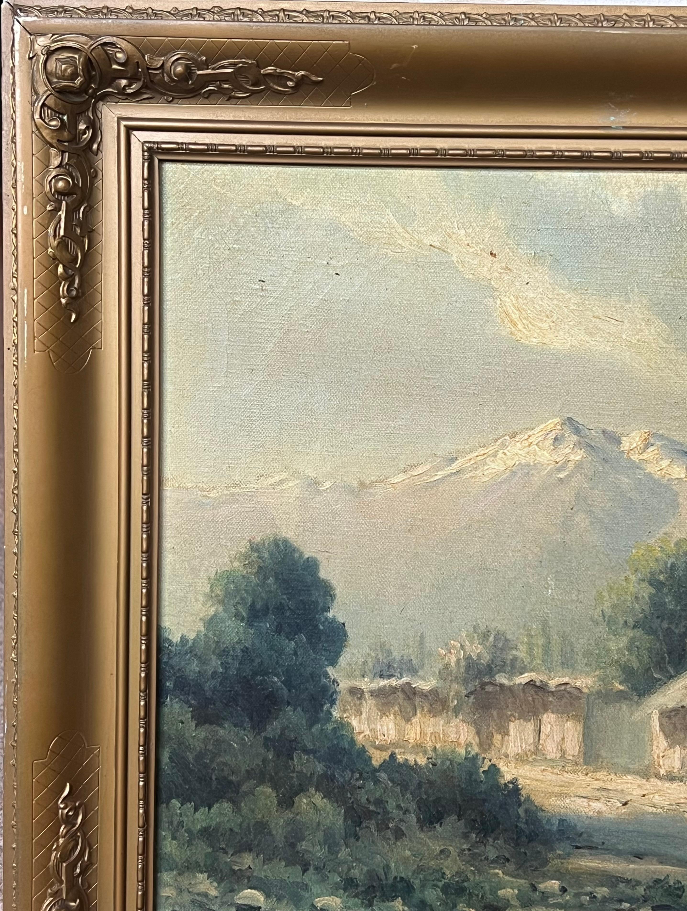 Italian Alps Mountain Landscape with Chalets Signed Antique Oil Painting For Sale 4