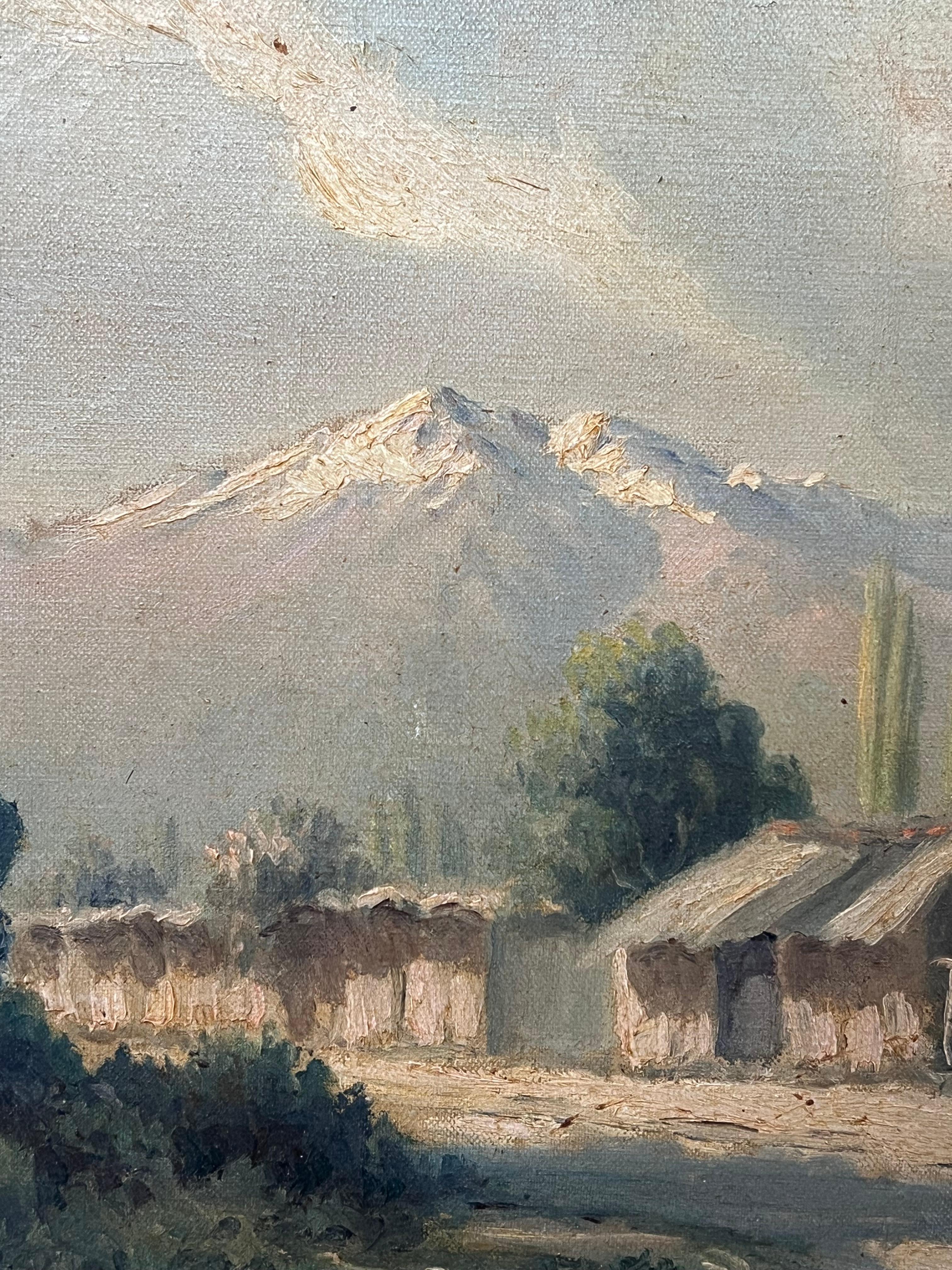 Italian Alps Mountain Landscape with Chalets Signed Antique Oil Painting For Sale 5