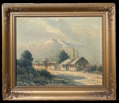 Italian Alps Mountain Landscape with Chalets Signed Antique Oil Painting