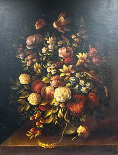 Large Classical Italian Oil Painting Still Life Profusion of Flowers in Vase