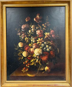 Large Classical Italian Oil Painting Still Life Profusion of Flowers in Vase