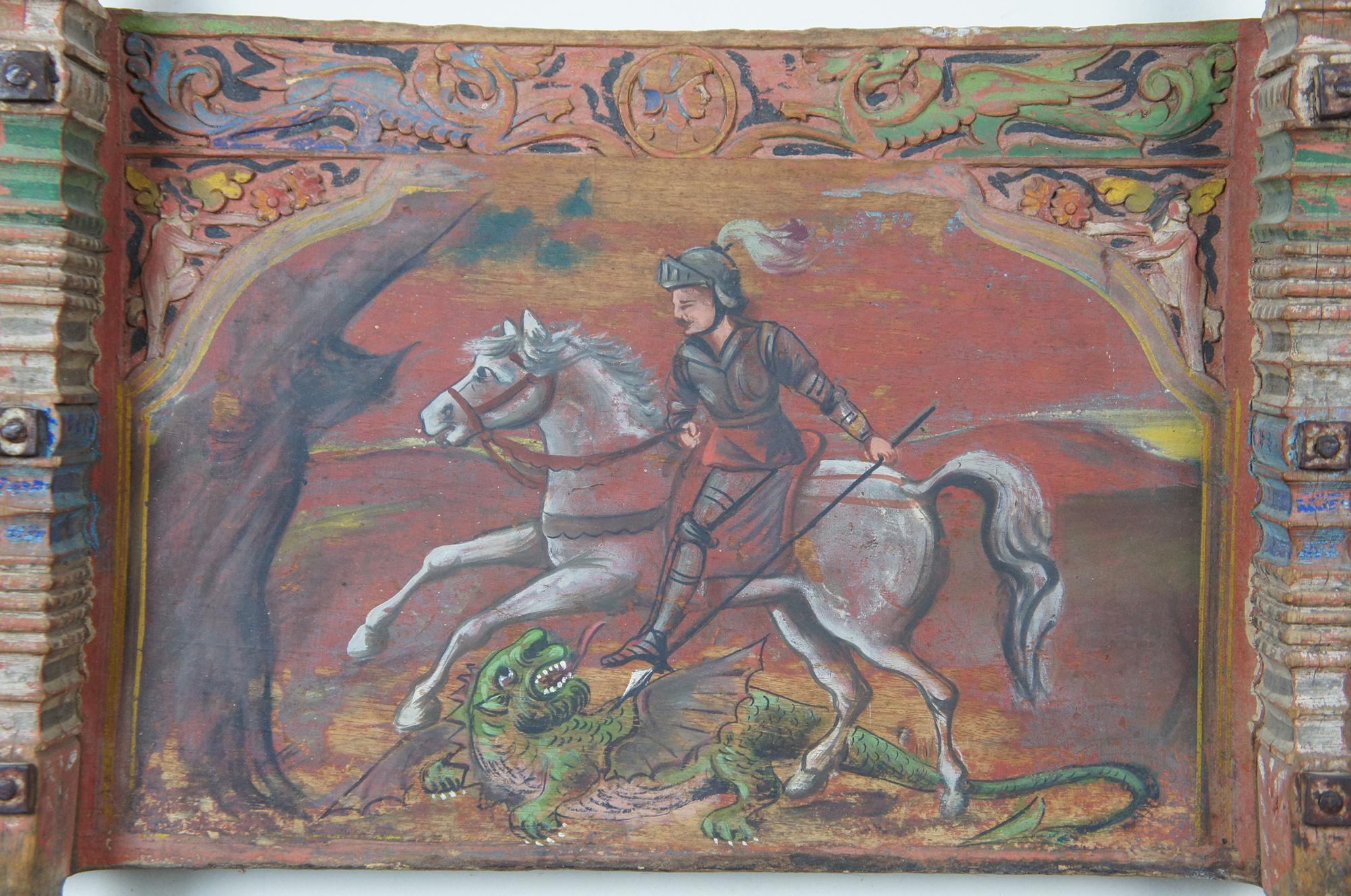 Antique Italian Sicilian Carretto Folk Art Painted Donkey Horse Cart Panel 4