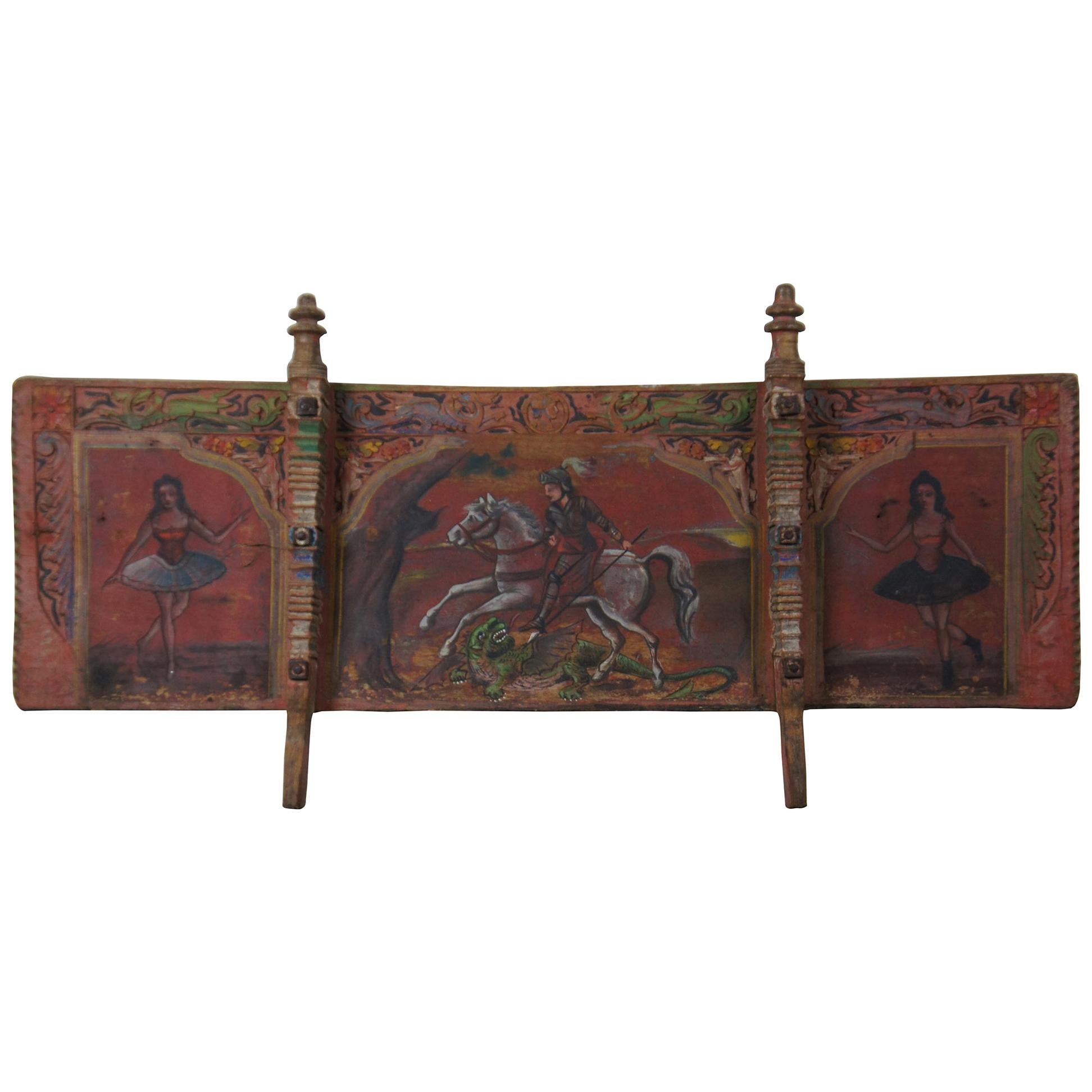 Antique Italian Sicilian Carretto Folk Art Painted Donkey Horse Cart Panel