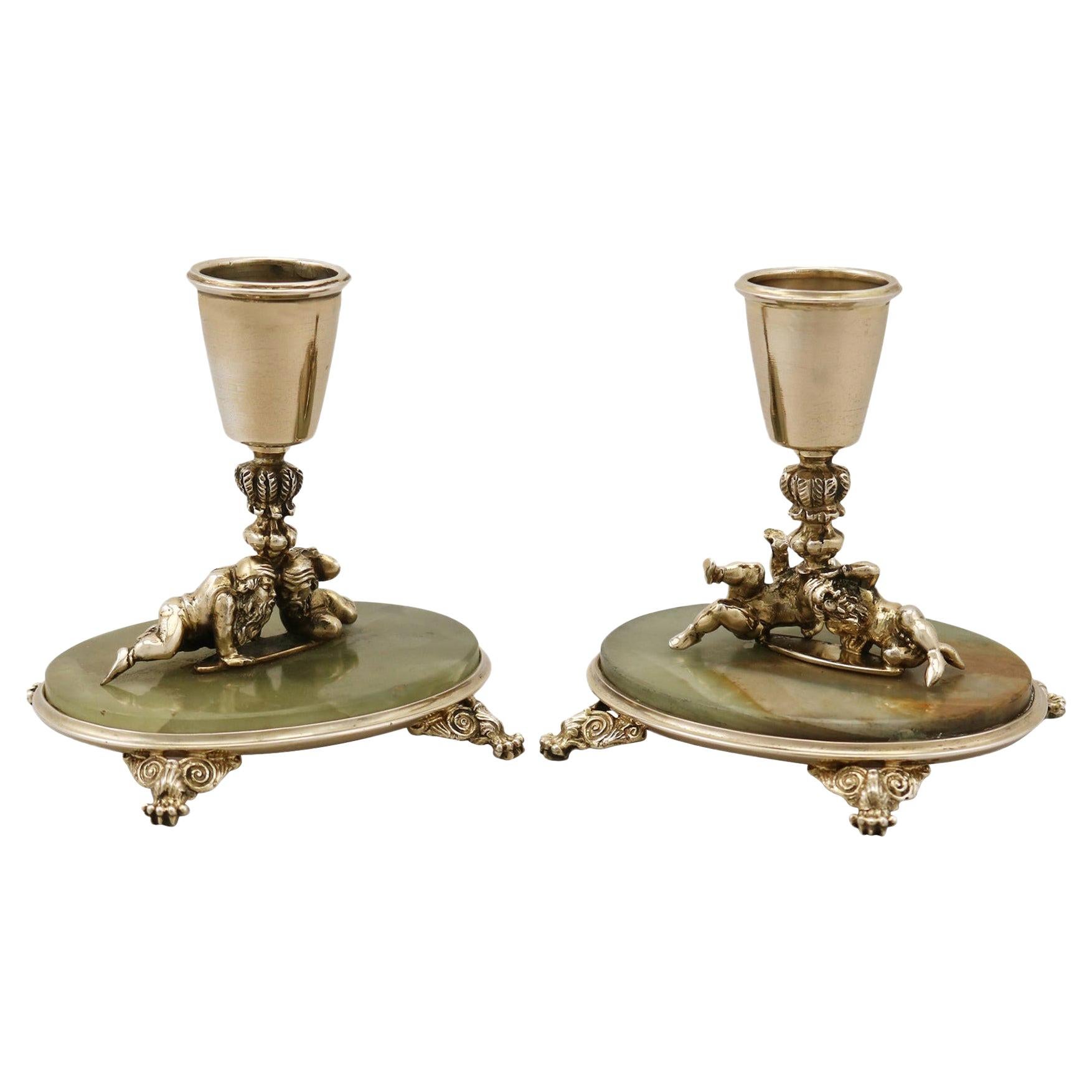 IV Silver Gilt and Agate Candlesticks by Edward Farrell For Sale
