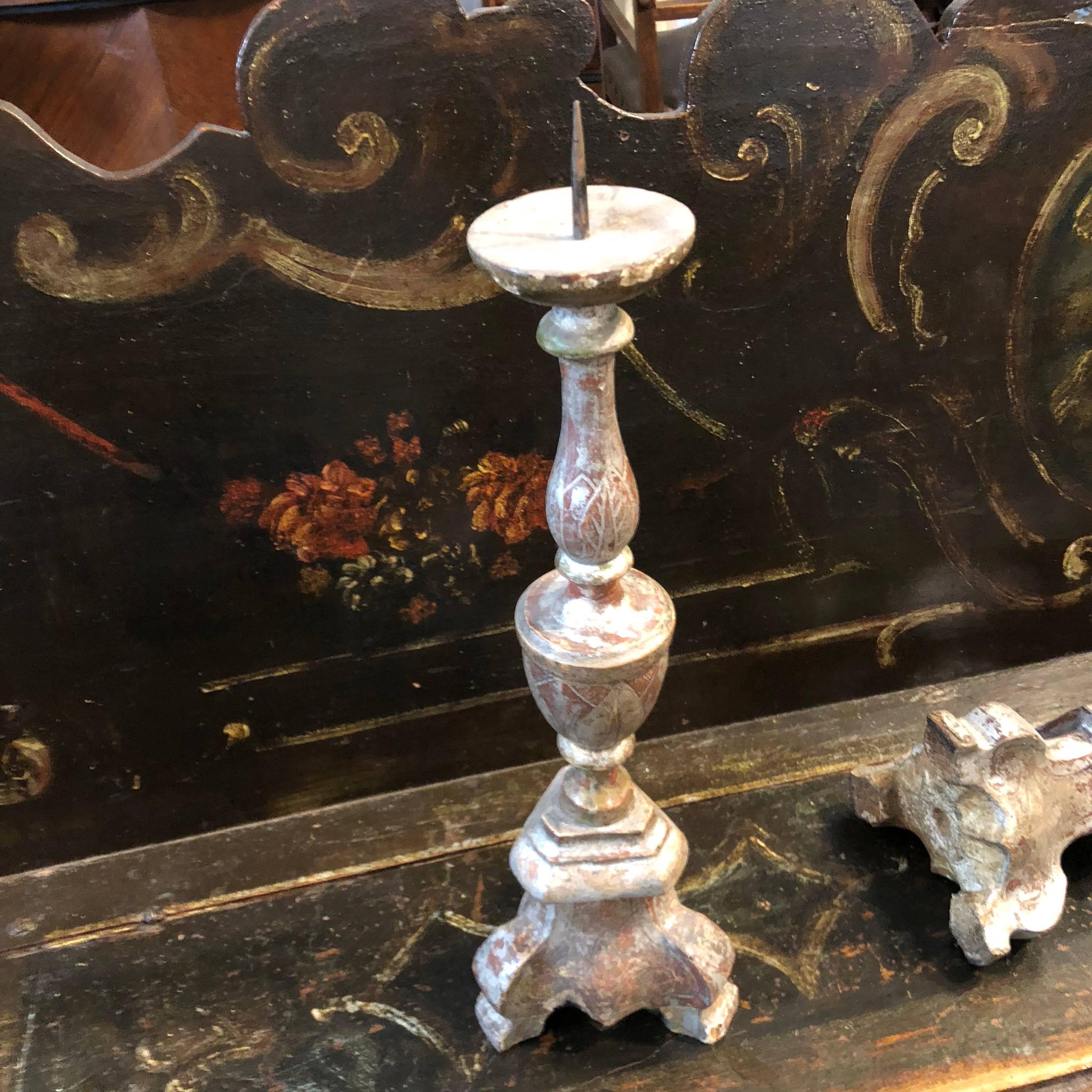 Antique Italian Silver Hand-Painted Wood Candelabras, circa 1880 7
