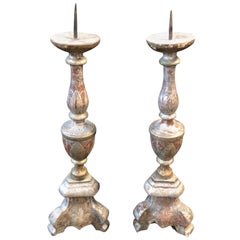 Antique Italian Silver Hand-Painted Wood Candelabras, circa 1880