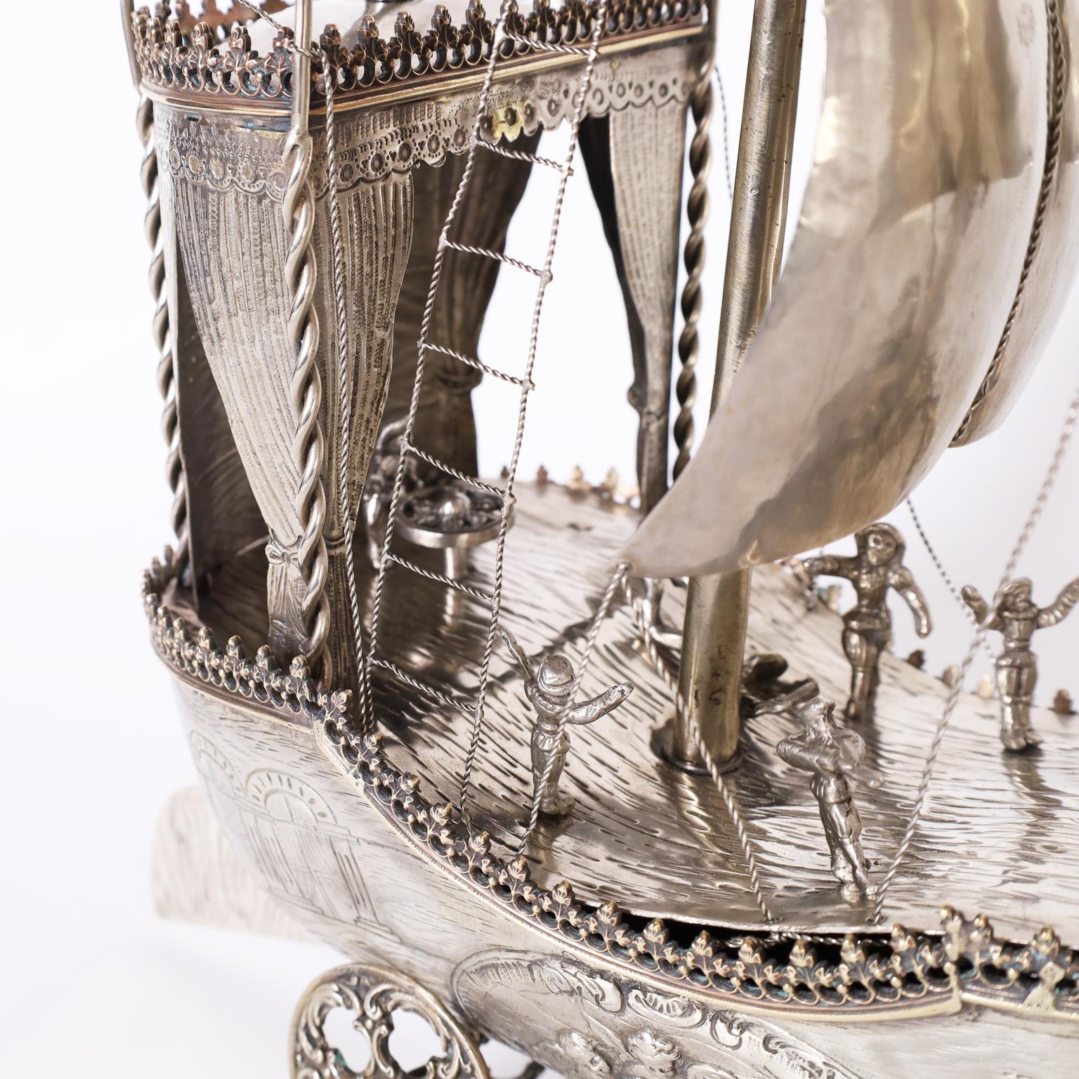 Antique Italian Silver on Brass Sailing Ship on Wheels For Sale 4