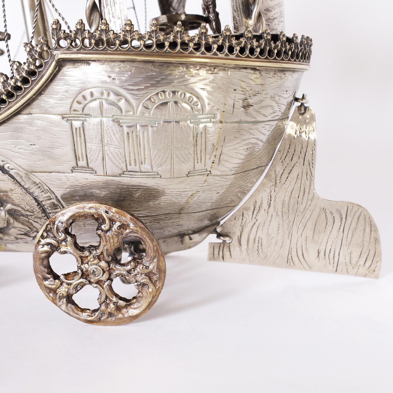 Antique Italian Silver on Brass Sailing Ship on Wheels For Sale 5