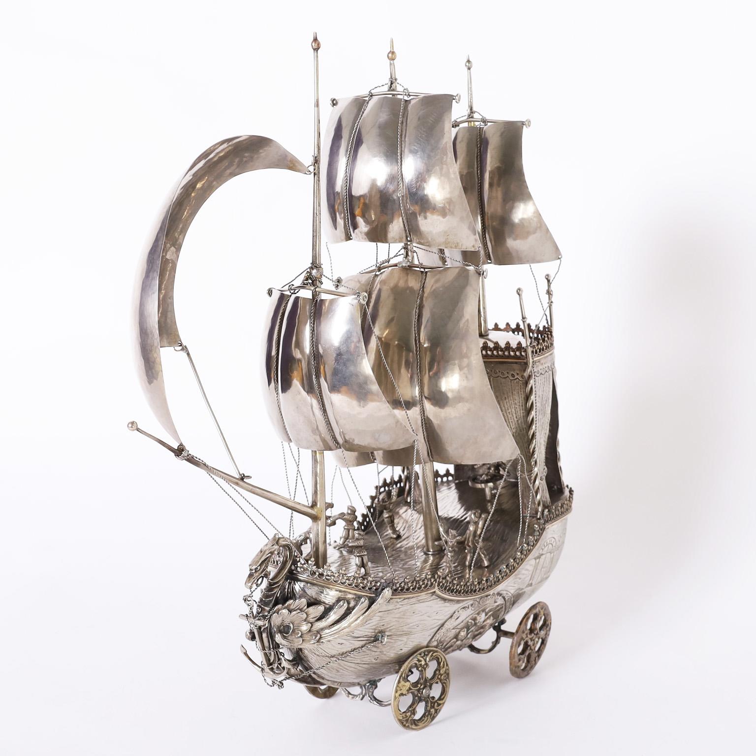 Other Antique Italian Silver on Brass Sailing Ship on Wheels For Sale