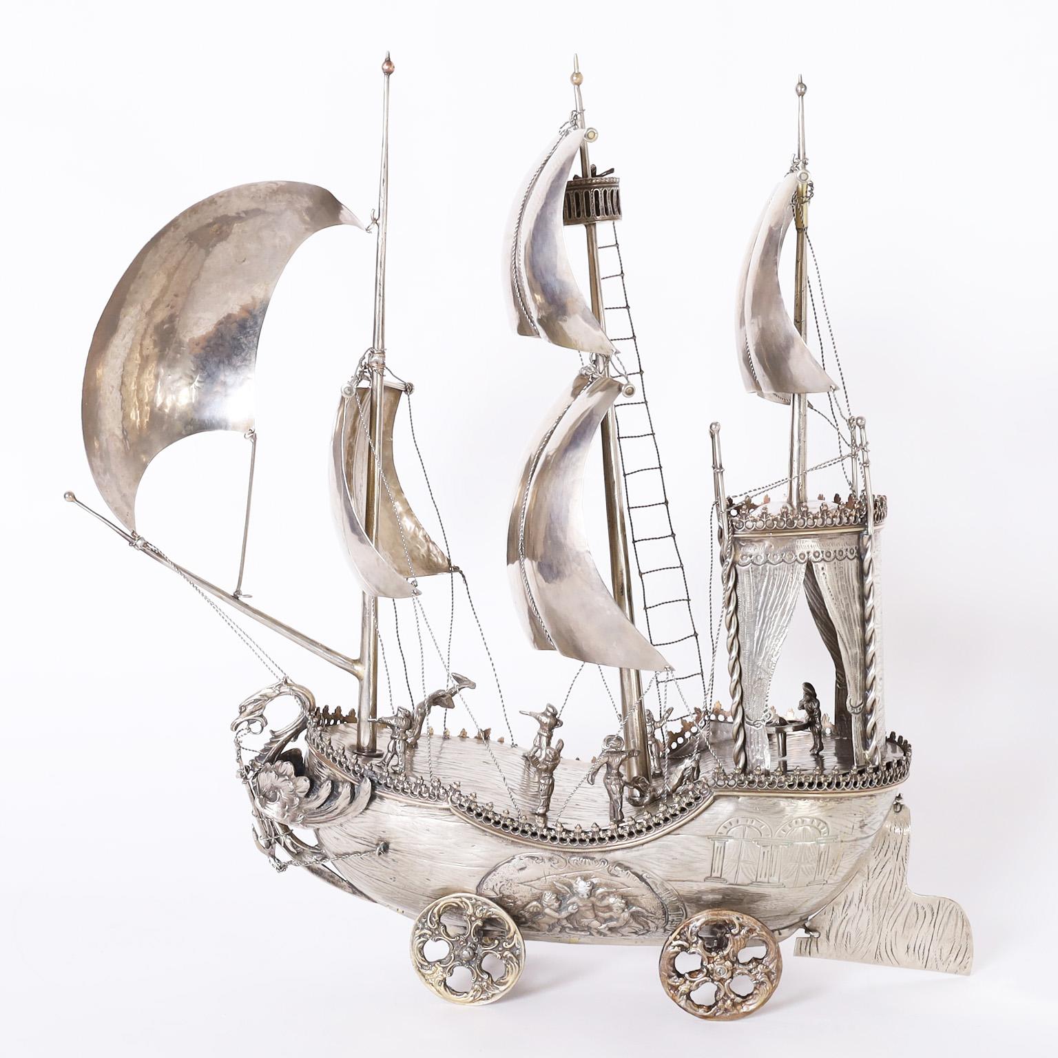 Hammered Antique Italian Silver on Brass Sailing Ship on Wheels For Sale
