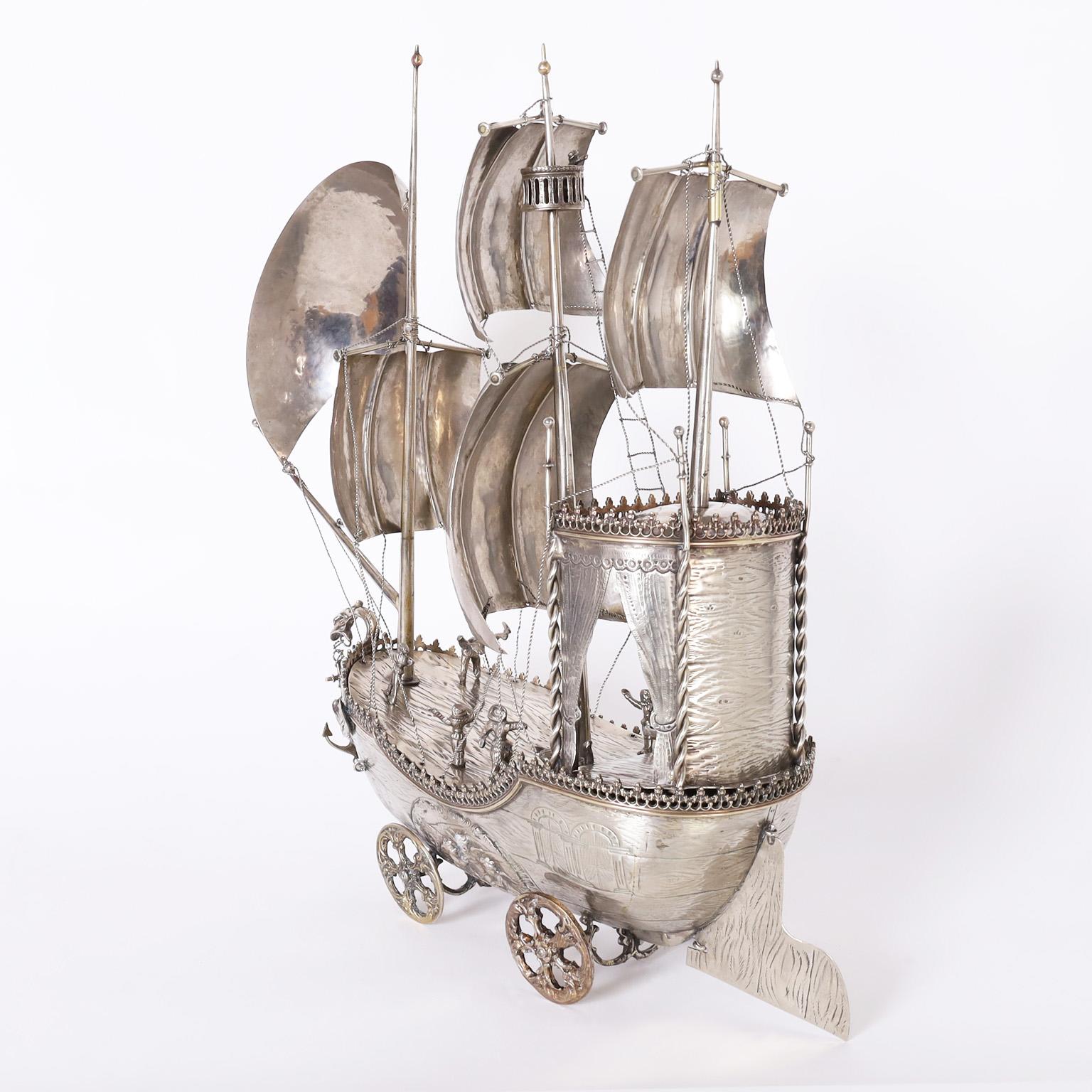 Antique Italian Silver on Brass Sailing Ship on Wheels In Good Condition For Sale In Palm Beach, FL