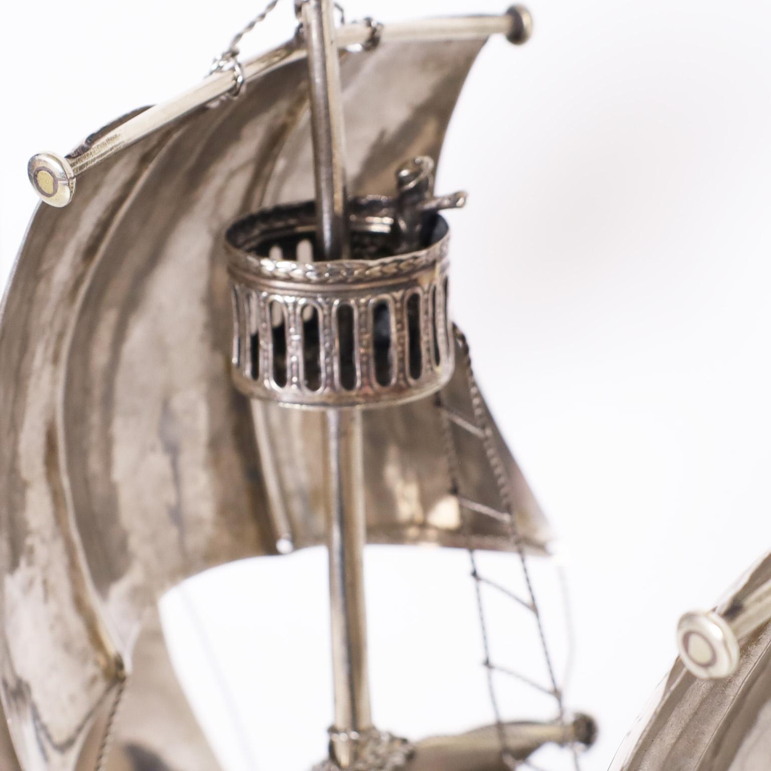 20th Century Antique Italian Silver on Brass Sailing Ship on Wheels For Sale