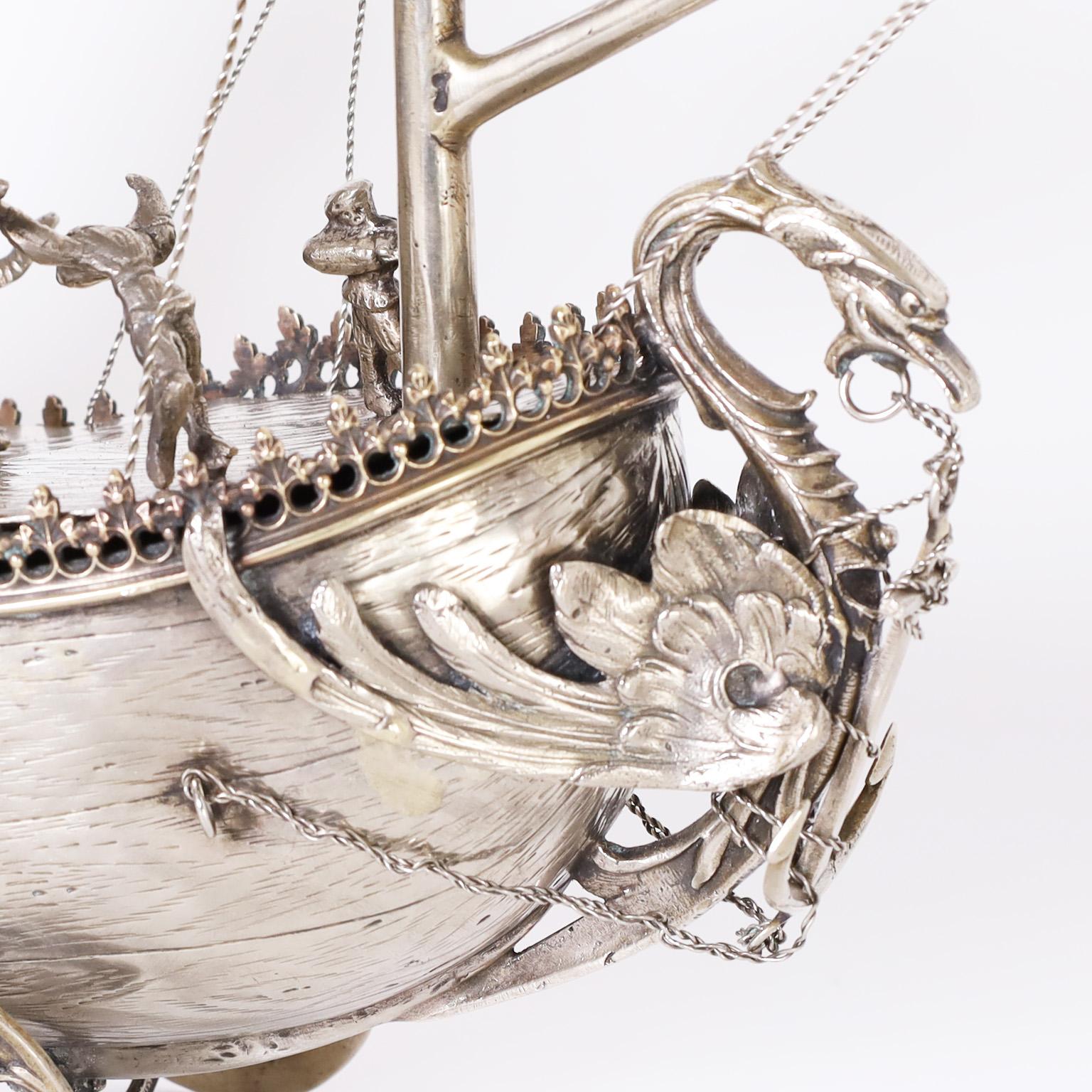 Silver Plate Antique Italian Silver on Brass Sailing Ship on Wheels For Sale